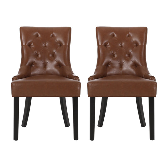 The Cheney Contemporary Dining Chair set features two brown, tufted leather chairs with black wooden legs, placed side by side and facing forward against a plain white background.