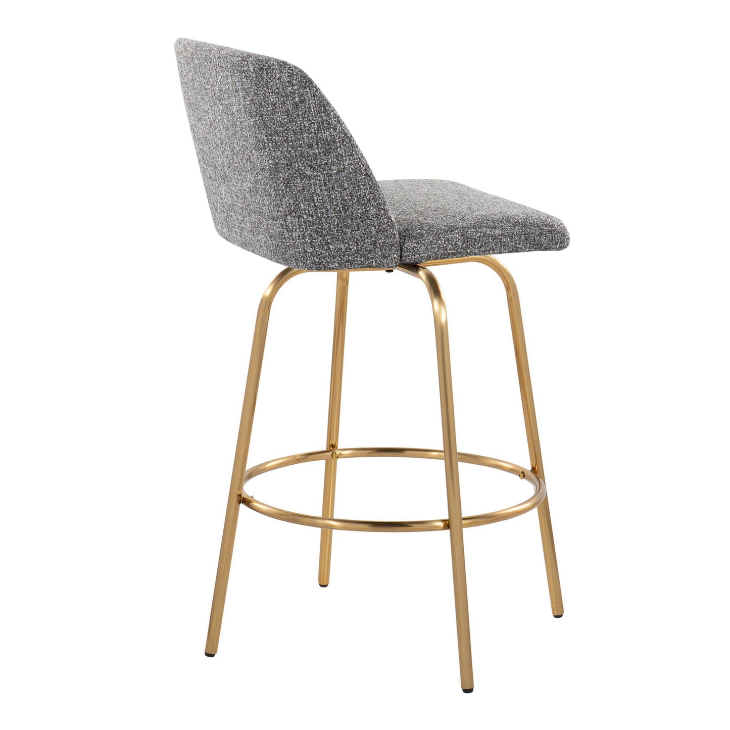 The Toriano Counter Stool set features a contemporary design with grey upholstery, a swivel seat and backrest, slim gold metal legs, and a round footrest—displayed on a white background. Set includes 2 fixed-height stools.