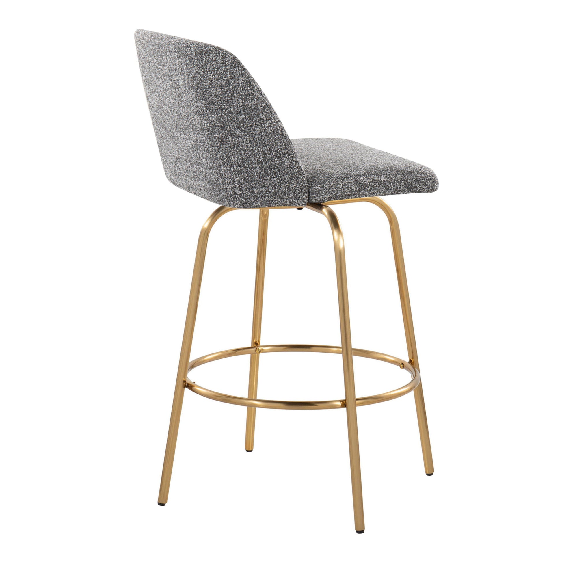 The Toriano Counter Stool set features a contemporary design with grey upholstery, a swivel seat and backrest, slim gold metal legs, and a round footrest—displayed on a white background. Set includes 2 fixed-height stools.