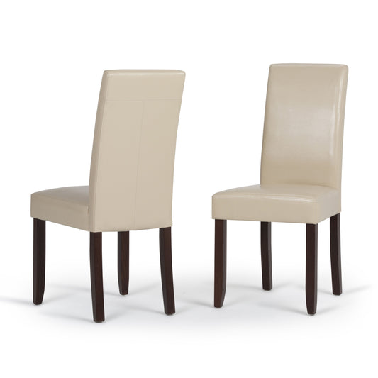 Set of 2 Acadian - Upholstered Parson Dining Chairs in beige with high backs and dark wooden legs, shown from various angles against a white background.