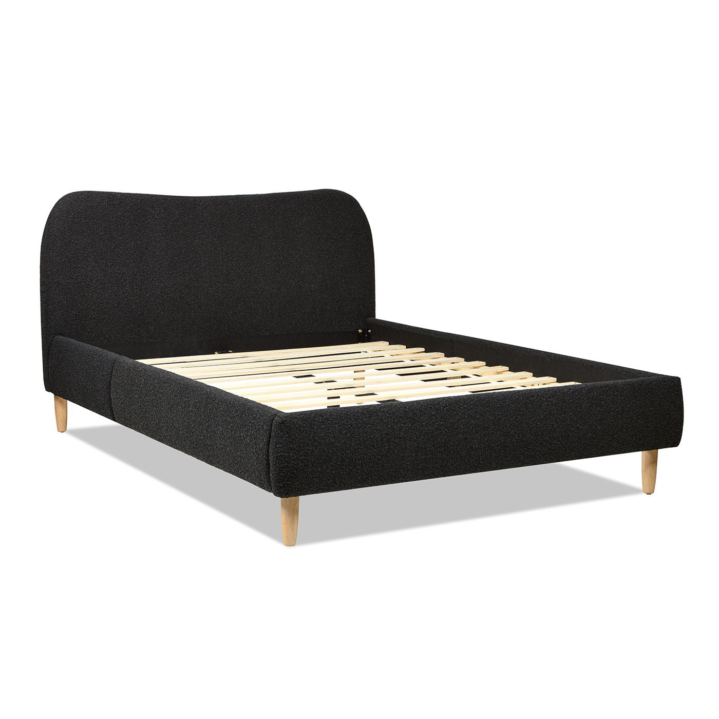 The Roman Curved Headboard Upholstered Platform Bed features a modern black design with a curved headboard, wooden slats, and light wood legs, shown against a white background.