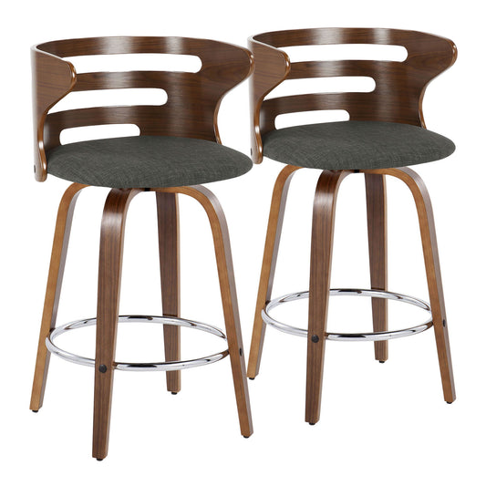 Set of 2 Cosini Mid Century Modern Fixed Height Barstools with swivel seats, curved wood backs, upholstered seats, bent wood legs, and round chrome footrests, shown side by side on a white background.