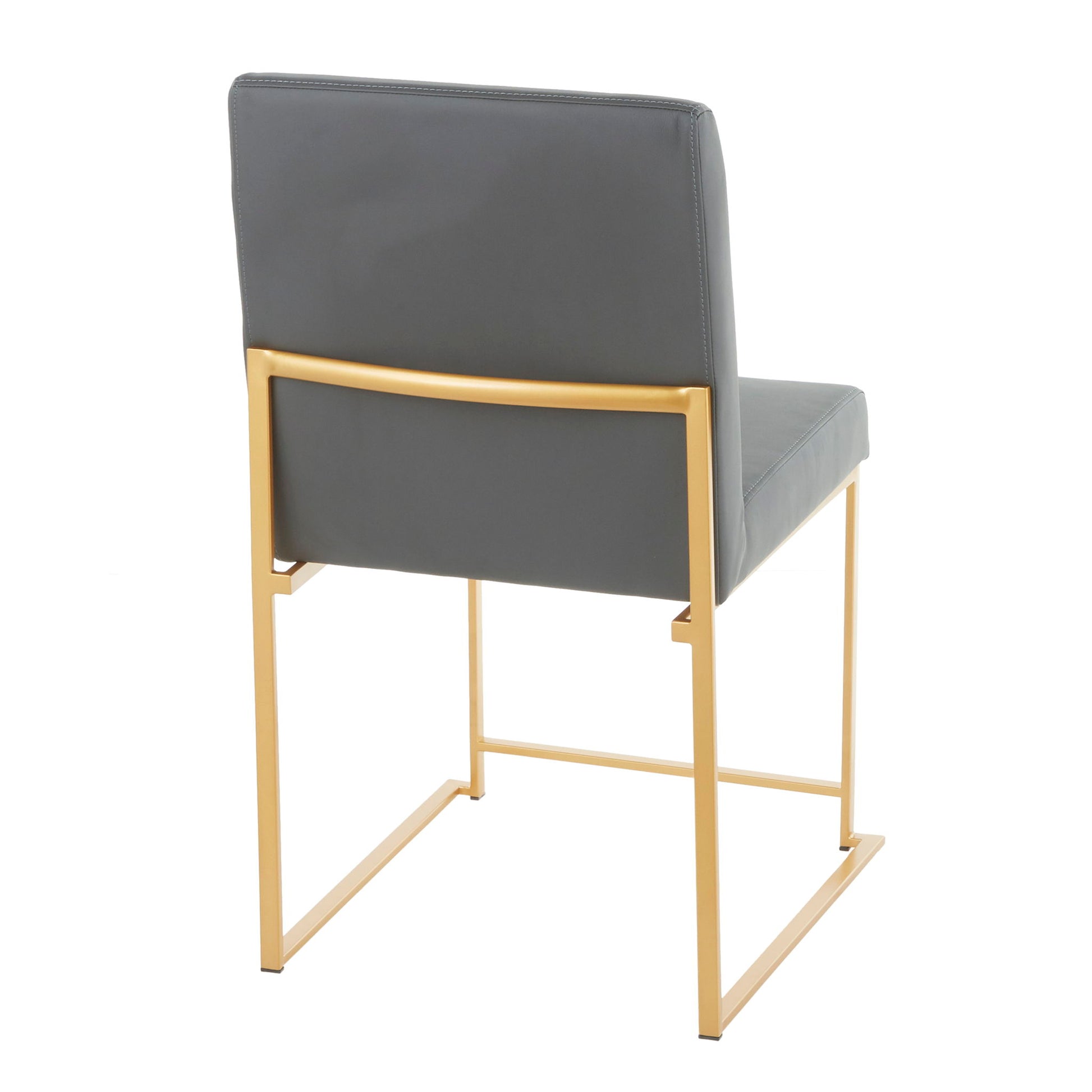 The Fuji High Back Dining Chair (Set of 2) features a contemporary gray upholstered seat and backrest with a sleek gold metal frame. Photographed from behind, it highlights the chair’s minimalist modern design.