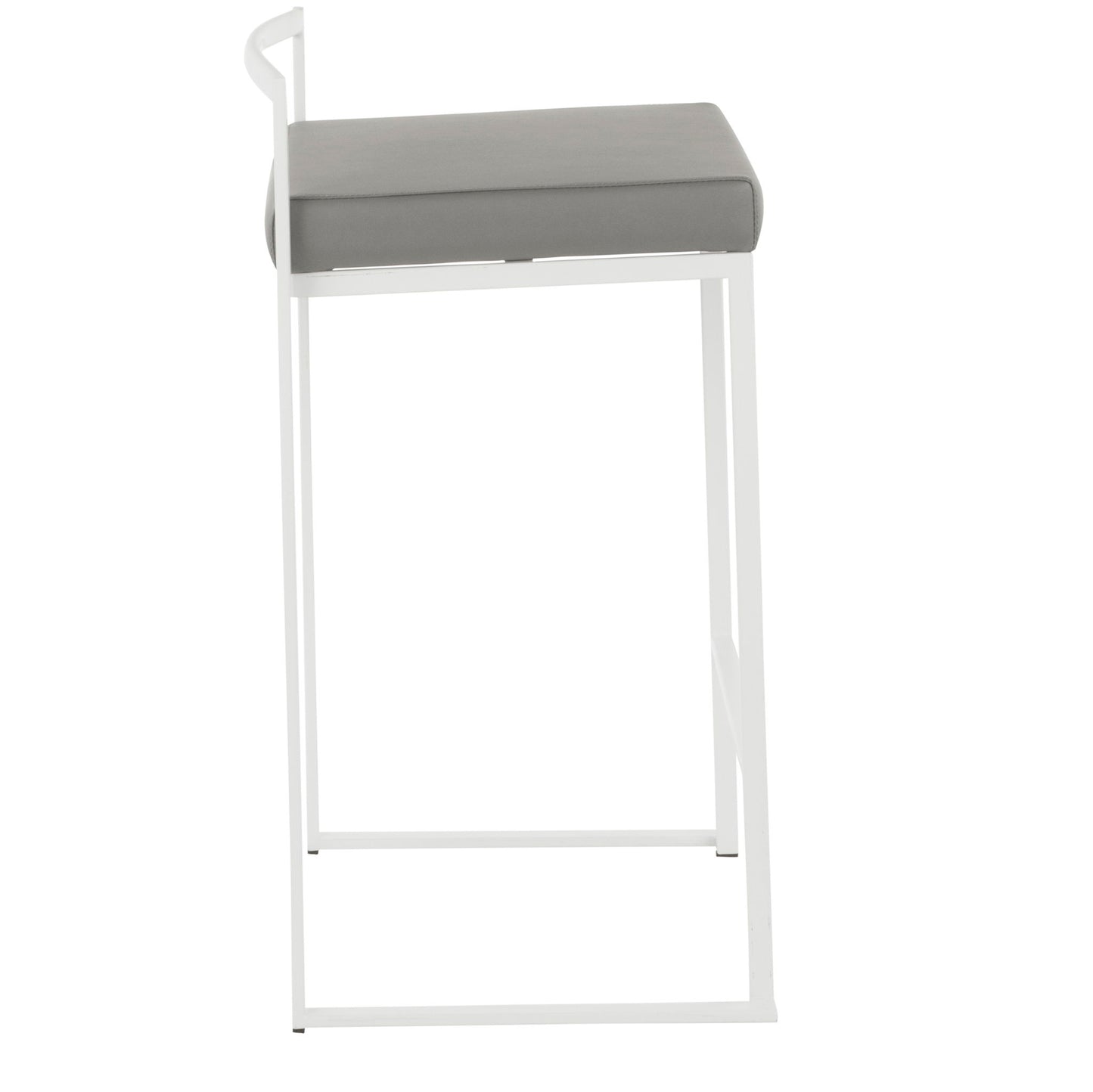 The Fuji - Simple Elegance, Contemporary Stackable Counter Stool features a white metal frame and a rectangular gray cushioned seat with clean, straight lines and a minimalist design, shown from the front.