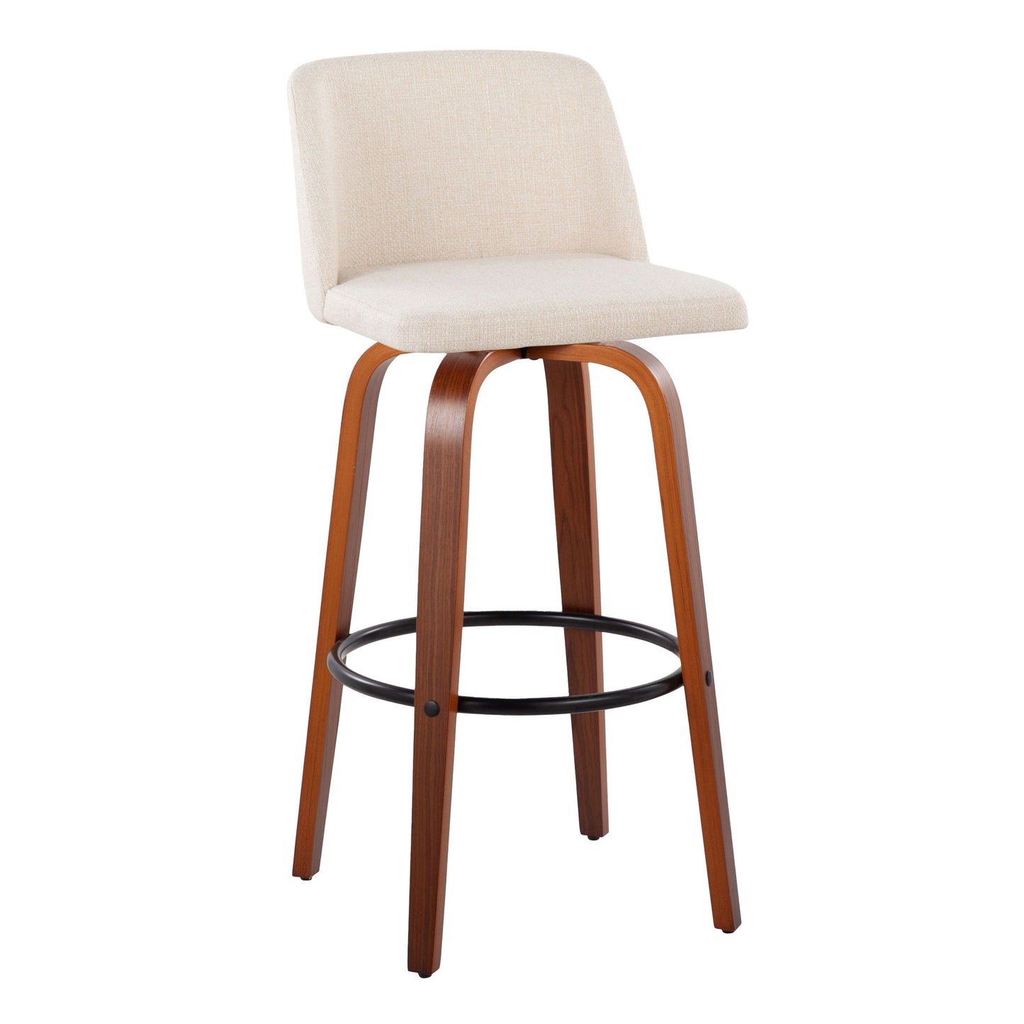 The Toriano Mid Century Modern Barstool set features a light beige cushioned seat and backrest, wooden curved legs, and a round black metal footrest. Comes as a set of 2 with fixed height and swivel functionality.