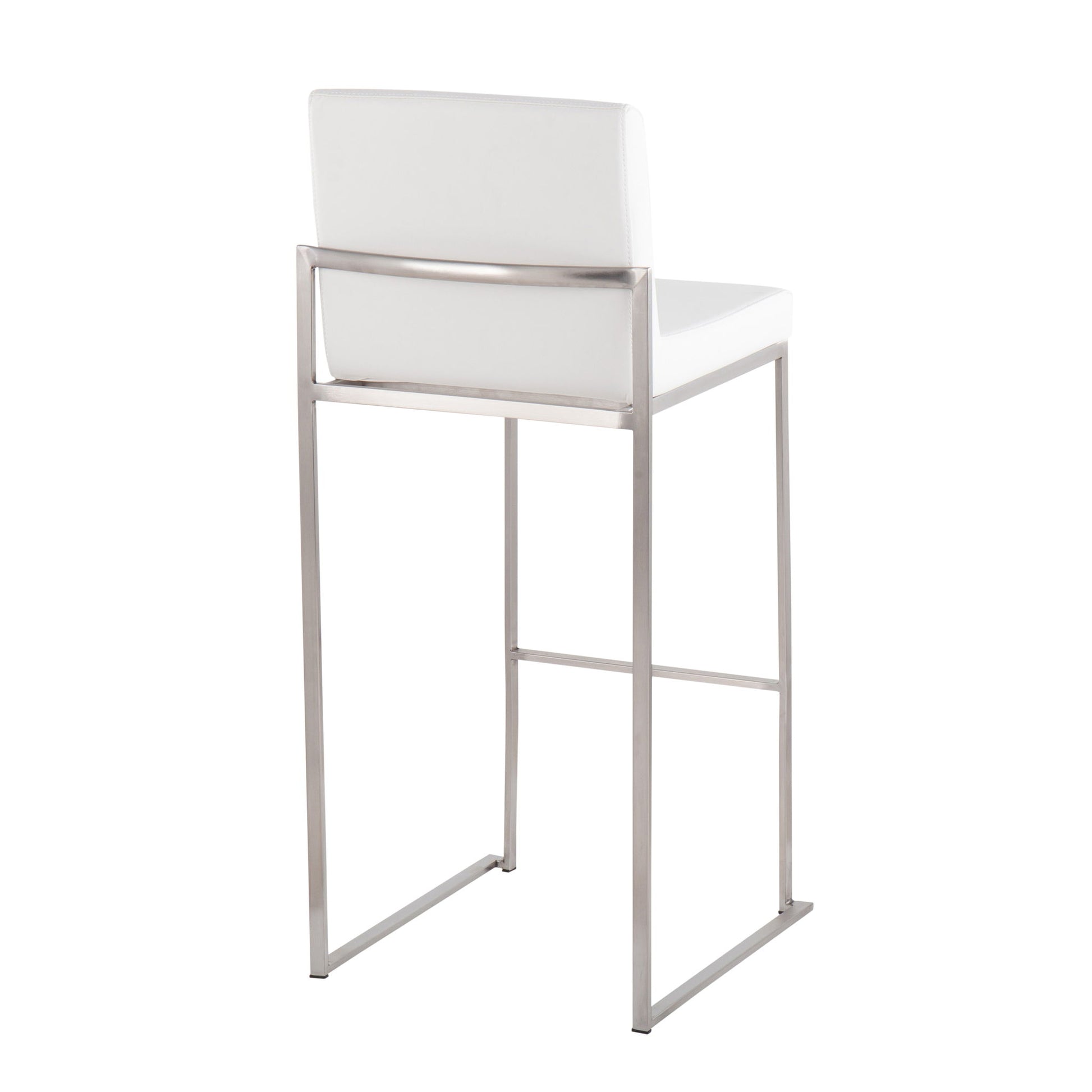The image shows the Fuji - Contemporary And Modern Elegance High Back Barstool with a white cushioned seat and backrest, supported by a sleek silver metal frame, viewed from the back at a slight angle.