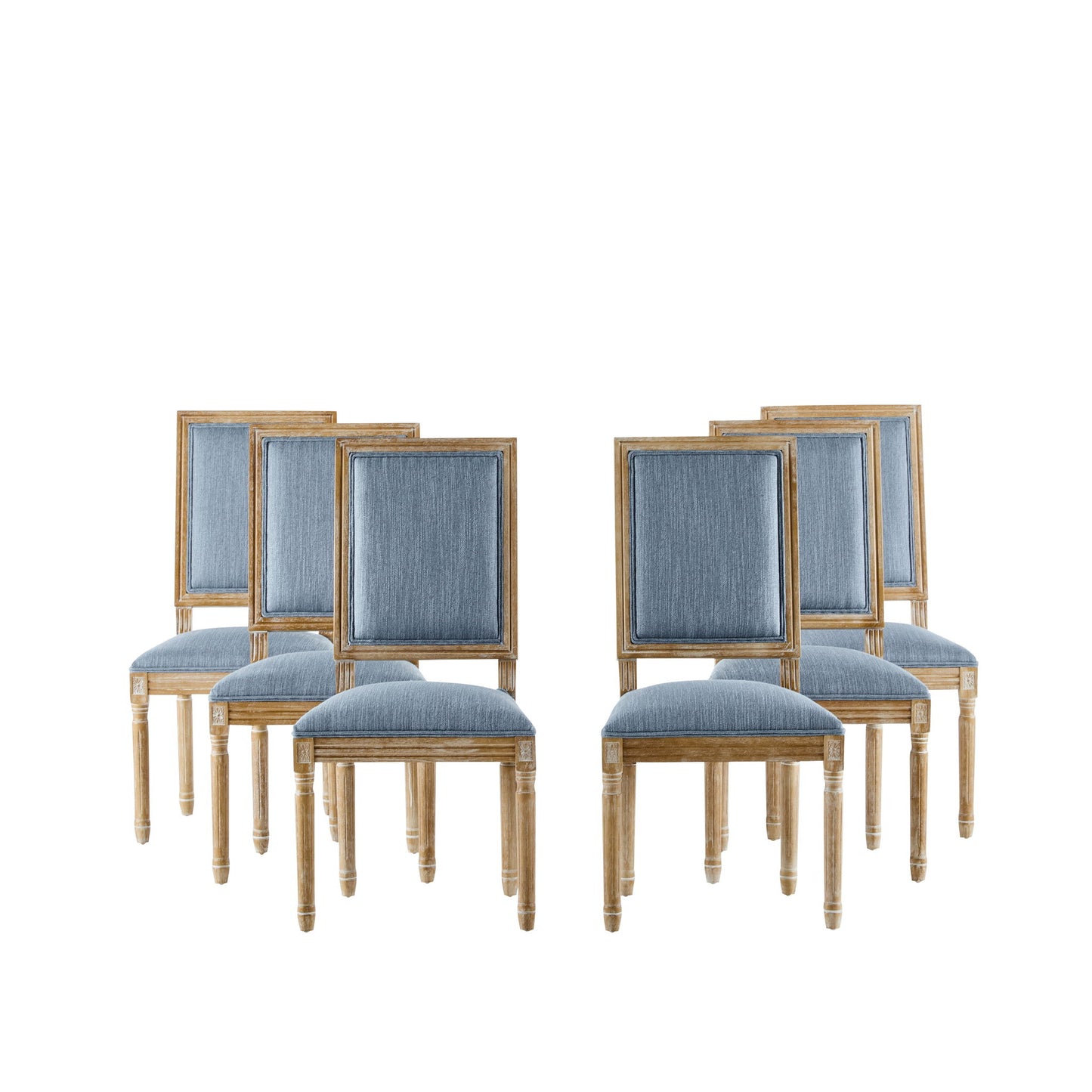 Six French Country Style Dining Chairs with light blue upholstered seats and fluted legs, arranged in two rows of three on a white background.