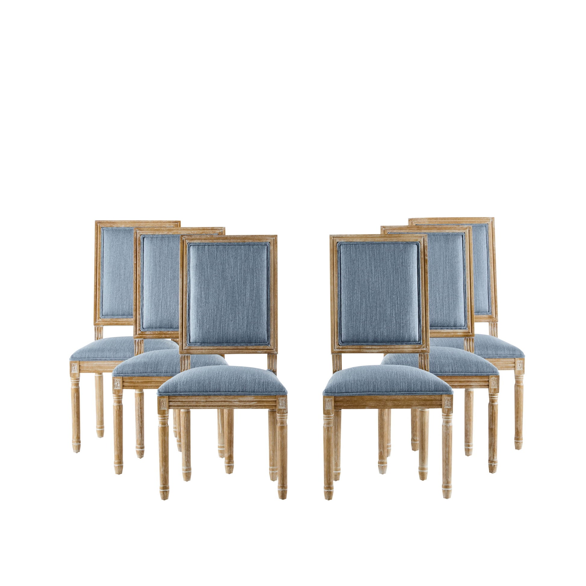 Six French Country Style Dining Chairs with light blue upholstered seats and fluted legs, arranged in two rows of three on a white background.