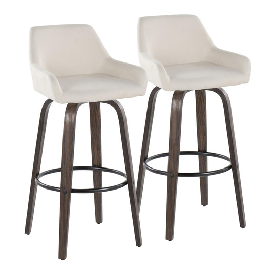 The Daniella Contemporary Fixed Height Barstools (Set of 2) feature light beige upholstered swivel seats with curved backs, dark wooden legs, and round black metal footrests, displayed against a plain white background.