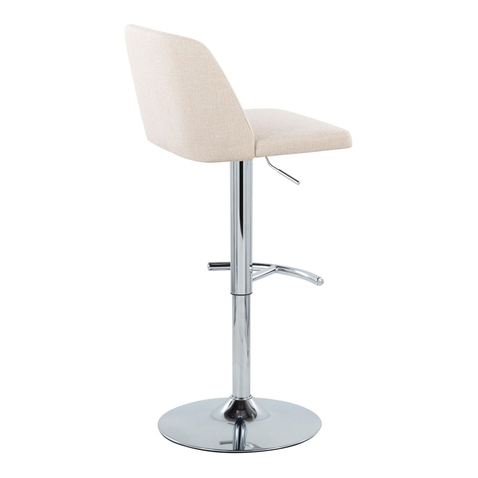 The Toriano Contemporary Adjustable Barstool (Set of 2) features a beige cushioned seat and backrest, swivel function, and a shiny chrome base with a rounded T footrest, shown from the side against a white background.