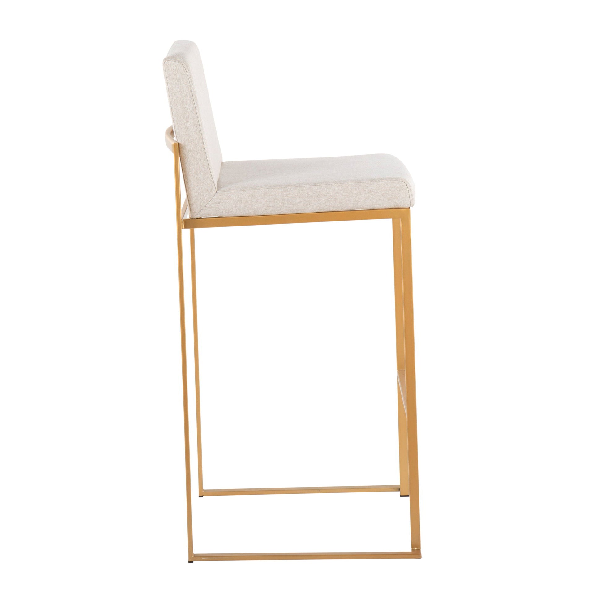 Side view of the Fuji - Contemporary Design High Back Barstool (Set of 2), featuring a light beige cushioned seat and backrest on a sleek gold metal frame with straight legs and a minimalistic design.