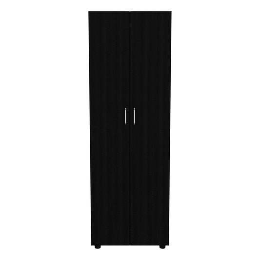 A tall, black wooden Armoire Organiser with double doors, silver handles, two shelves, and a rod stands upright against a plain white background.
