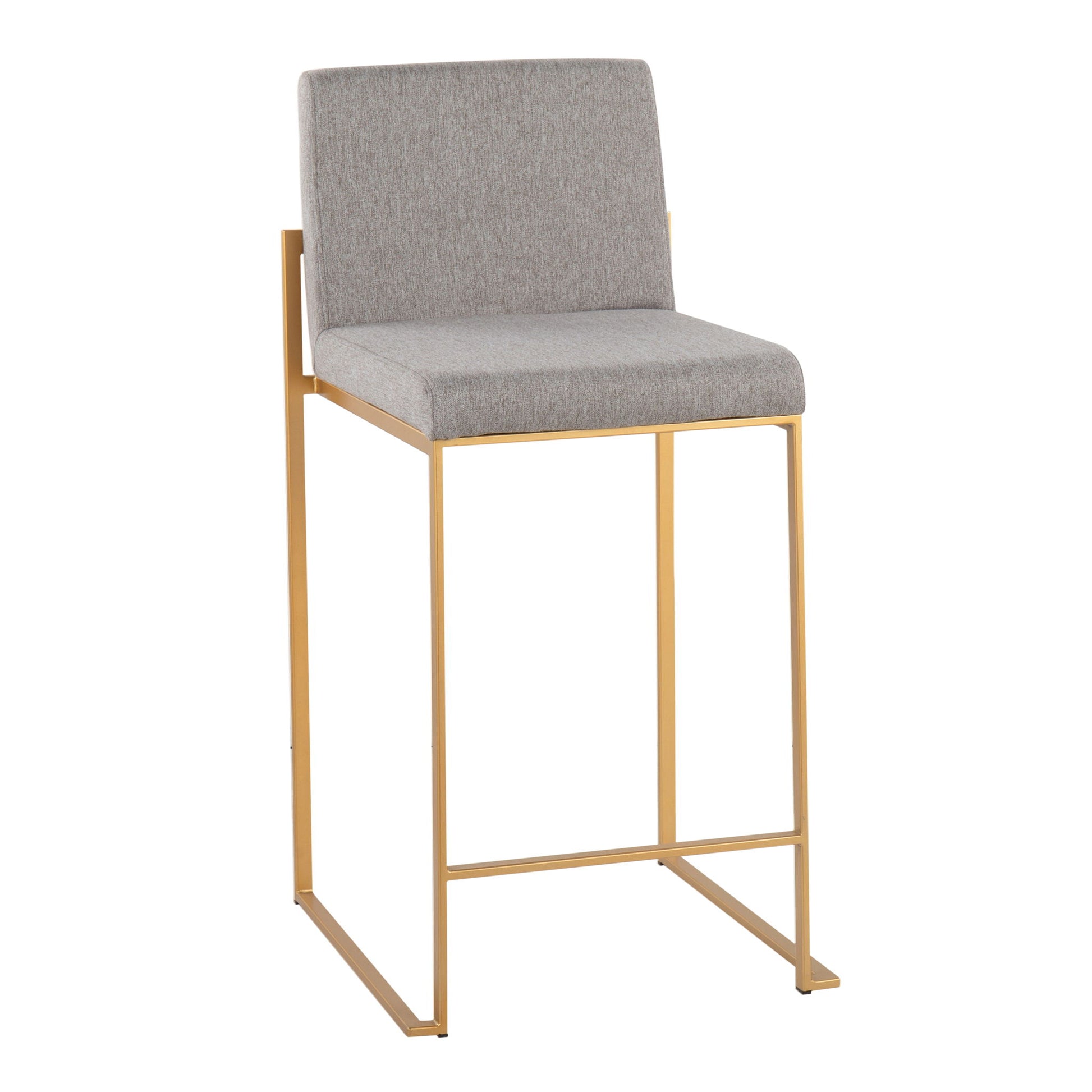 The Fuji - Contemporary High Back Stylish Counter Stool features a light gray cushioned seat and backrest with a minimalist gold metal frame and square legs.