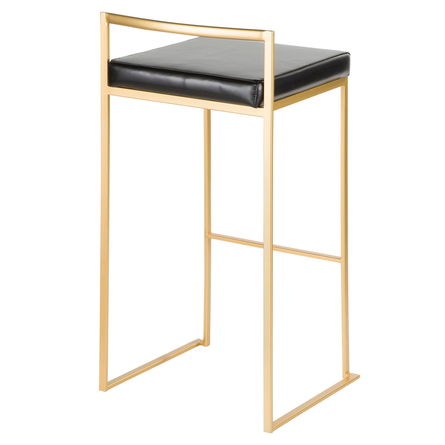 The Fuji barstool features a sleek gold metal frame with open rectangular sides and a square black cushioned seat, offering a minimalist and contemporary glam design with quality construction.