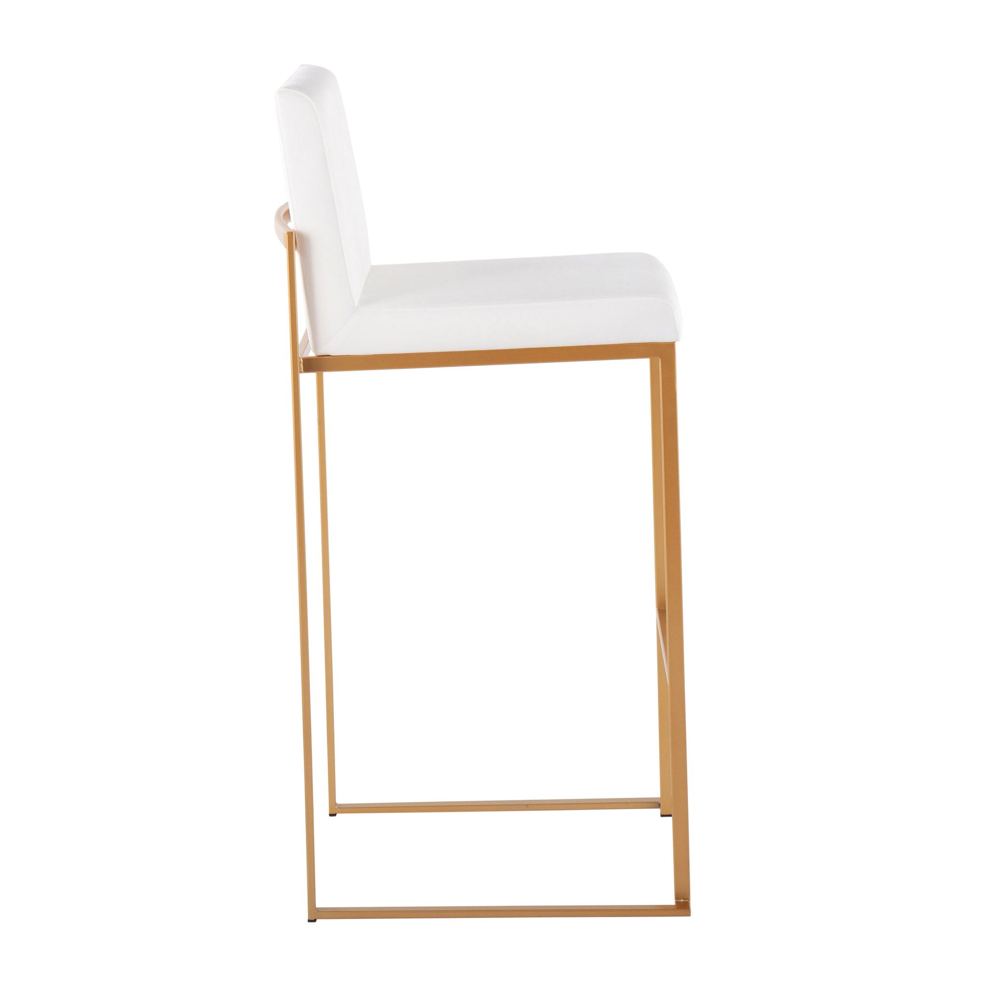 Side view of the Fuji - Contemporary Design High Back Barstool (Set of 2), featuring a white cushioned seat and backrest with a sleek gold metal frame and minimalist style.