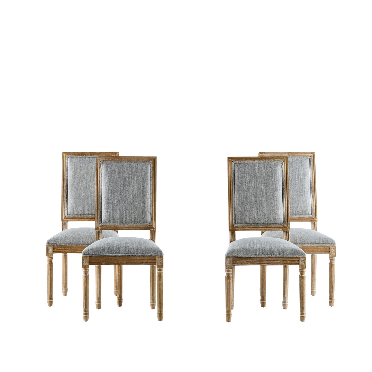 Four French Country Style dining chairs with upholstered seats and fluted legs, arranged in two pairs against a white background.