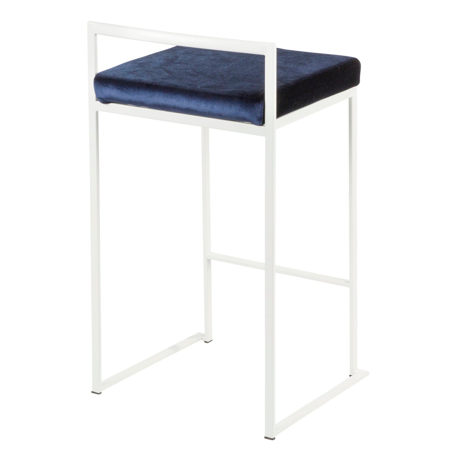 The Fuji - Simple Elegance is a contemporary, stackable counter stool featuring a white metal frame and a square dark blue cushioned seat. Its minimalist design has straight lines and no backrest, perfect for modern interiors.