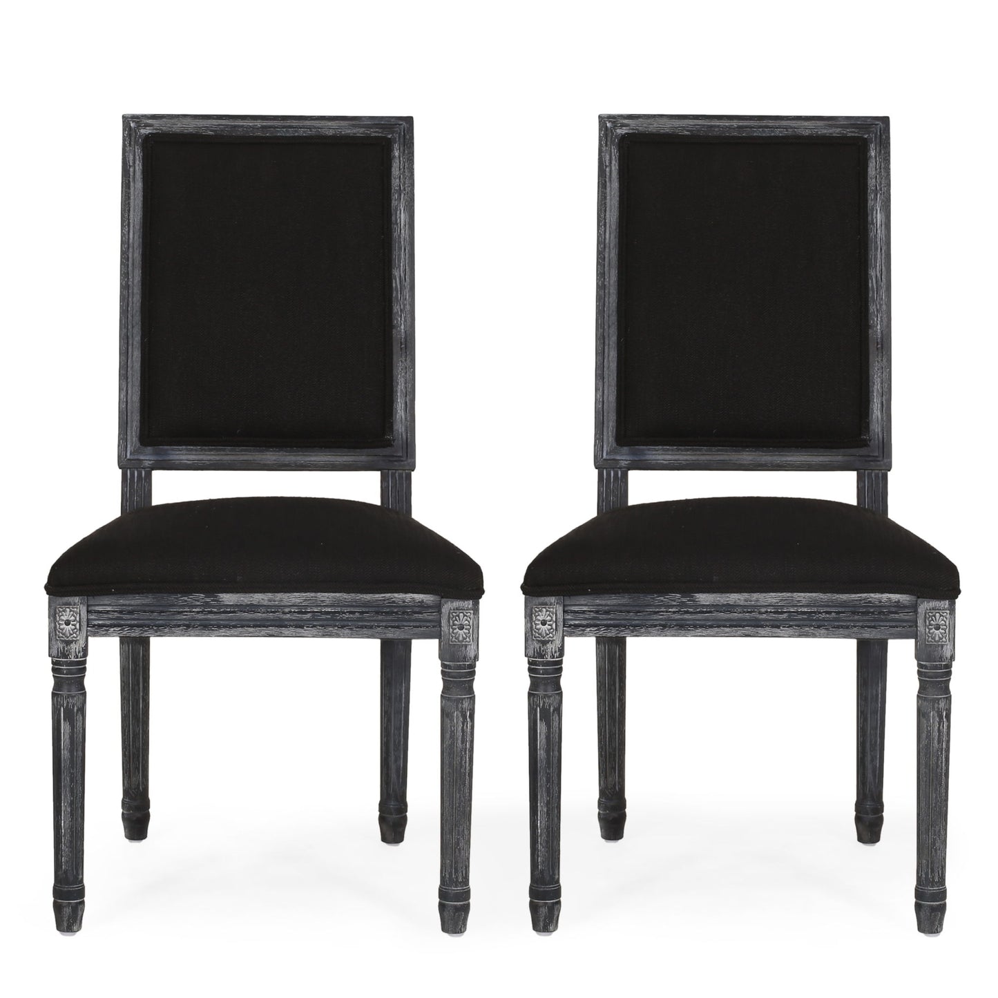 Two French Country Style Dining Chairs with upholstered seats, fluted legs, and square backs in black, feature dark wood frames and are positioned side by side against a plain white background.