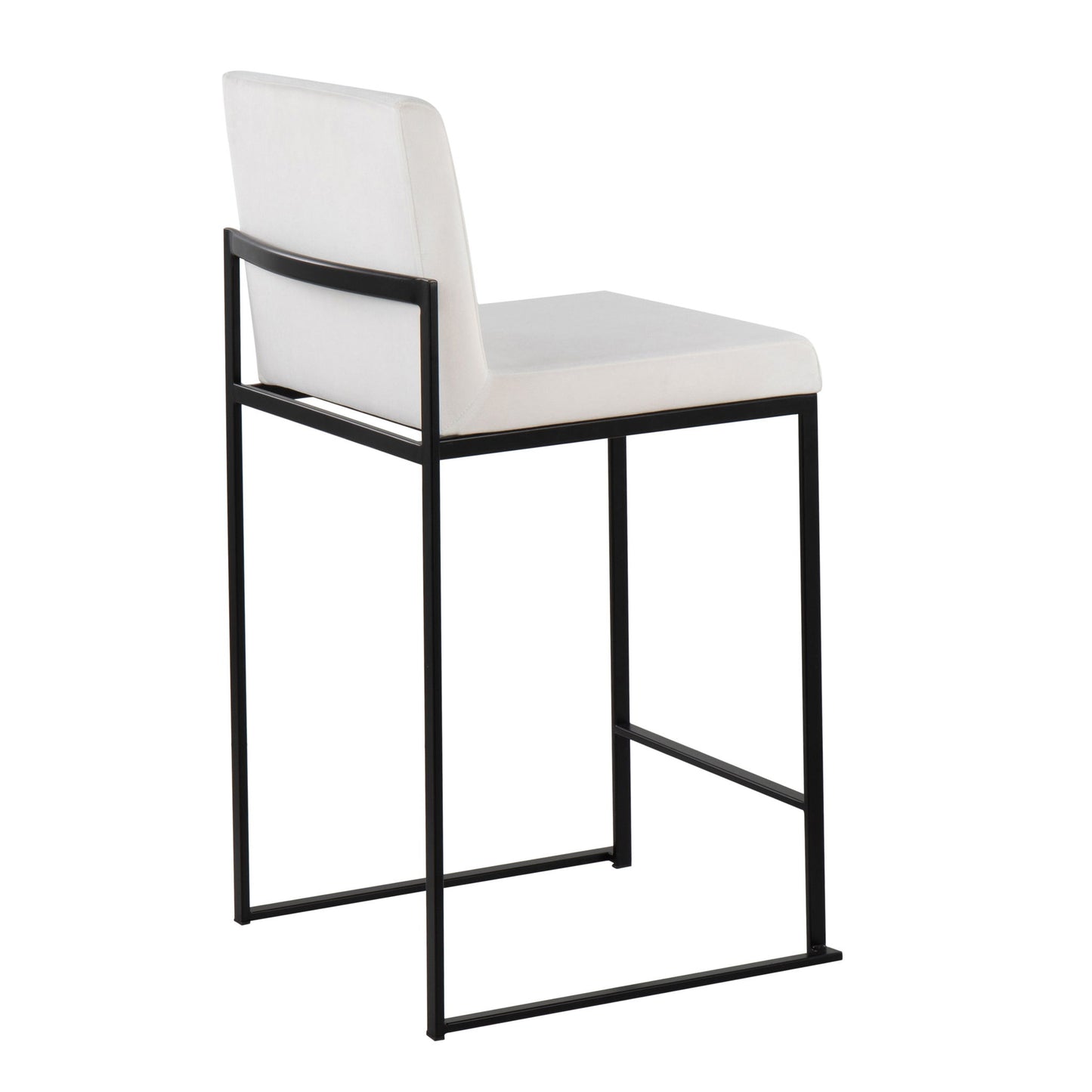The Fuji - Contemporary Modern Elegance High Back Counter Stool features a white cushioned seat and backrest, a sleek black metal frame, and minimalist design, highlighted by clean lines and an open structure.
