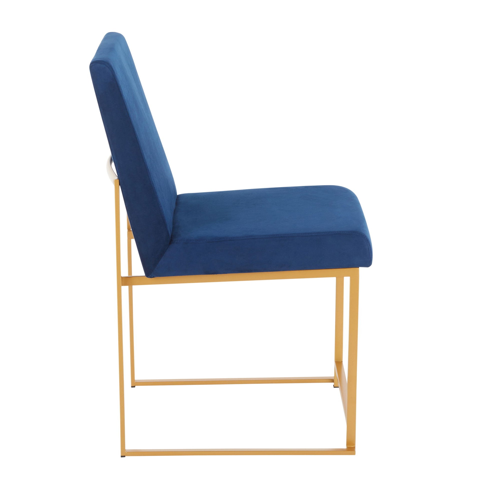 Side view of the Fuji - Contemporary Stylish Frame, High Back Dining Chair (Set of 2), featuring blue cushioned seat and backrest with a sleek gold metal frame and legs.
