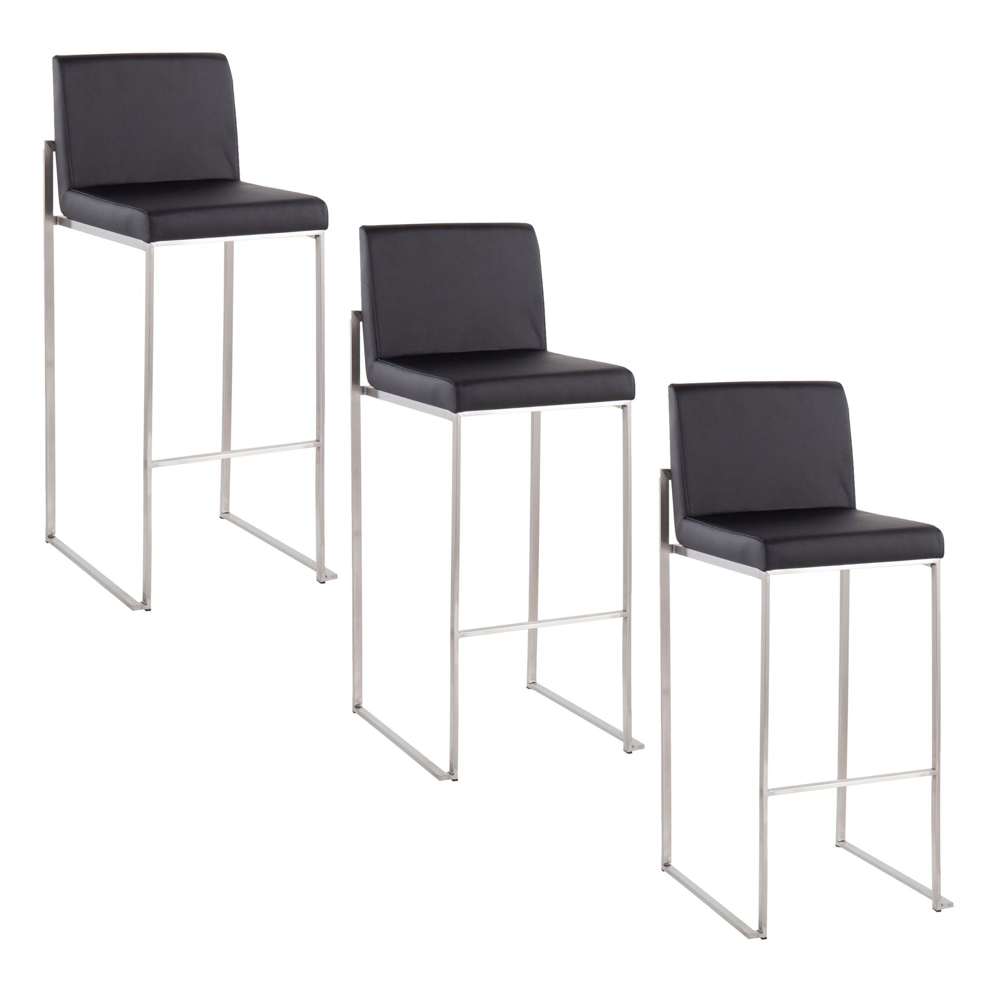 Three Fuji – Contemporary And Modern Elegance High Back Barstools with black cushioned seats and silver metal legs are arranged diagonally at varying heights on a white background.