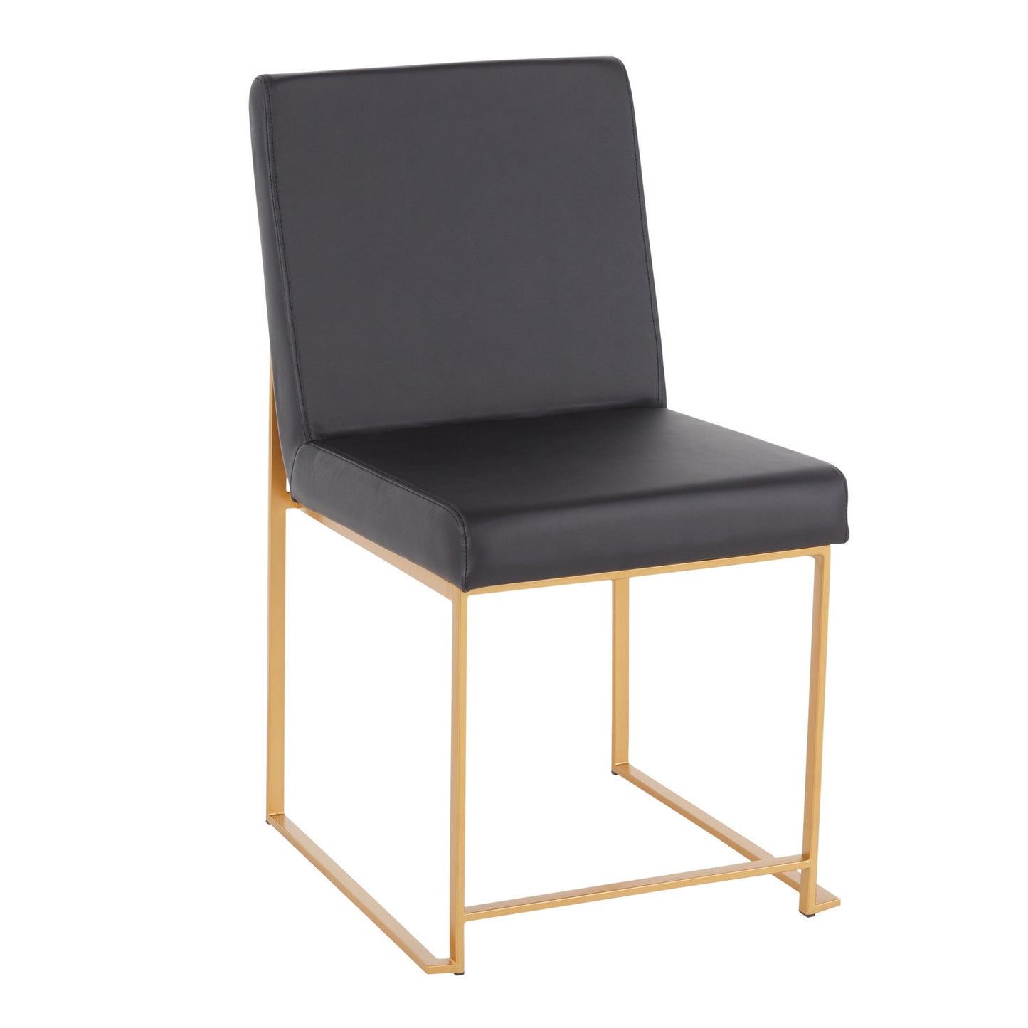 The Fuji High Back Dining Chair (Set of 2) features a contemporary stylish gold metal frame with a minimalist open-base design and black padded seat and backrest.