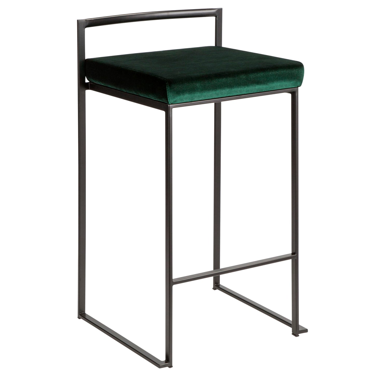The Fuji – Contemporary Style Stackable Counter Stool features a thin black metal frame, a dark green velvet cushioned seat, minimalist design, no armrests, and a low straight backrest.