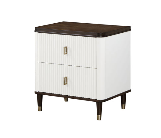 The Carena Night Stand With USB in White/Walnut features two drawers with white ribbed fronts, a walnut top and base, gold square handles, and tapered legs with gold accents.