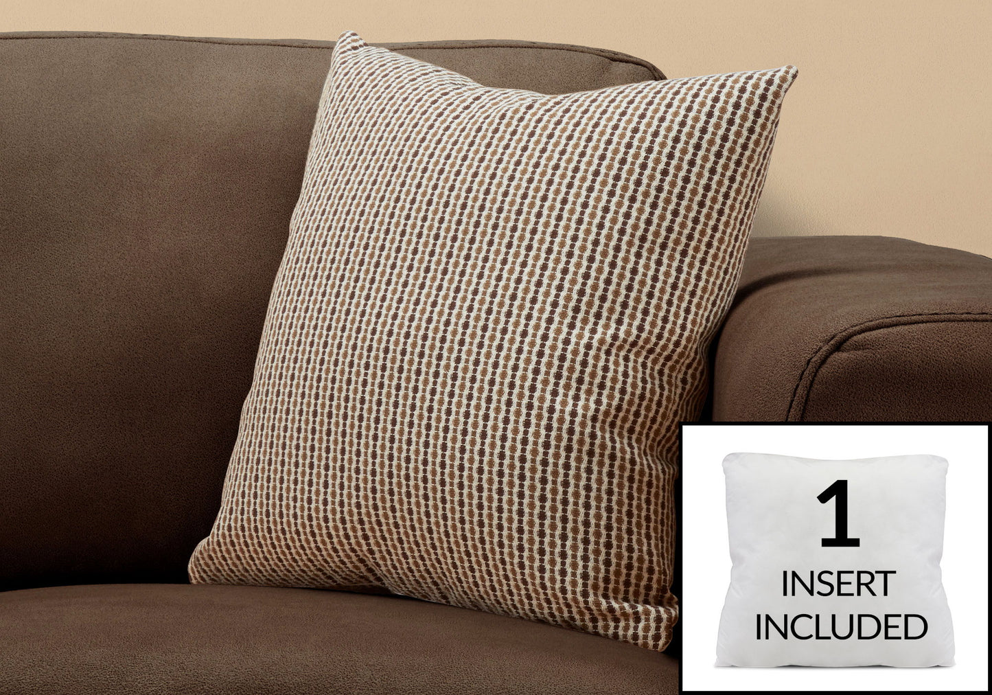A decorative square throw pillow in brown and beige rests on a dark brown sofa. Inset shows its hypoallergenic white insert with the text "1 INSERT INCLUDED.