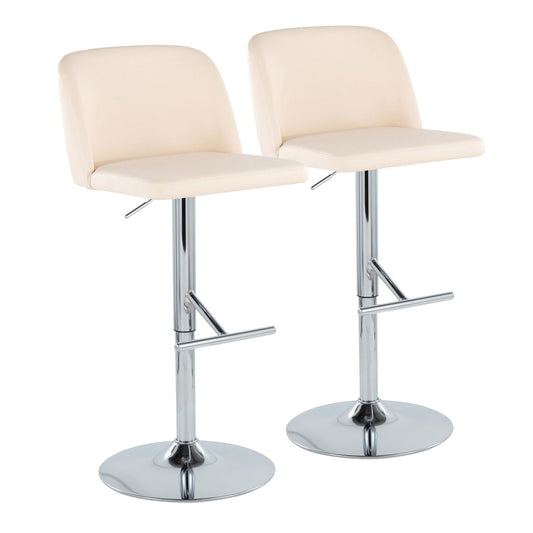 The Toriano set includes two contemporary cream/chrome adjustable barstools with cushioned seats, backs, swivel function, and straight T footrests, shown side by side against a white background.