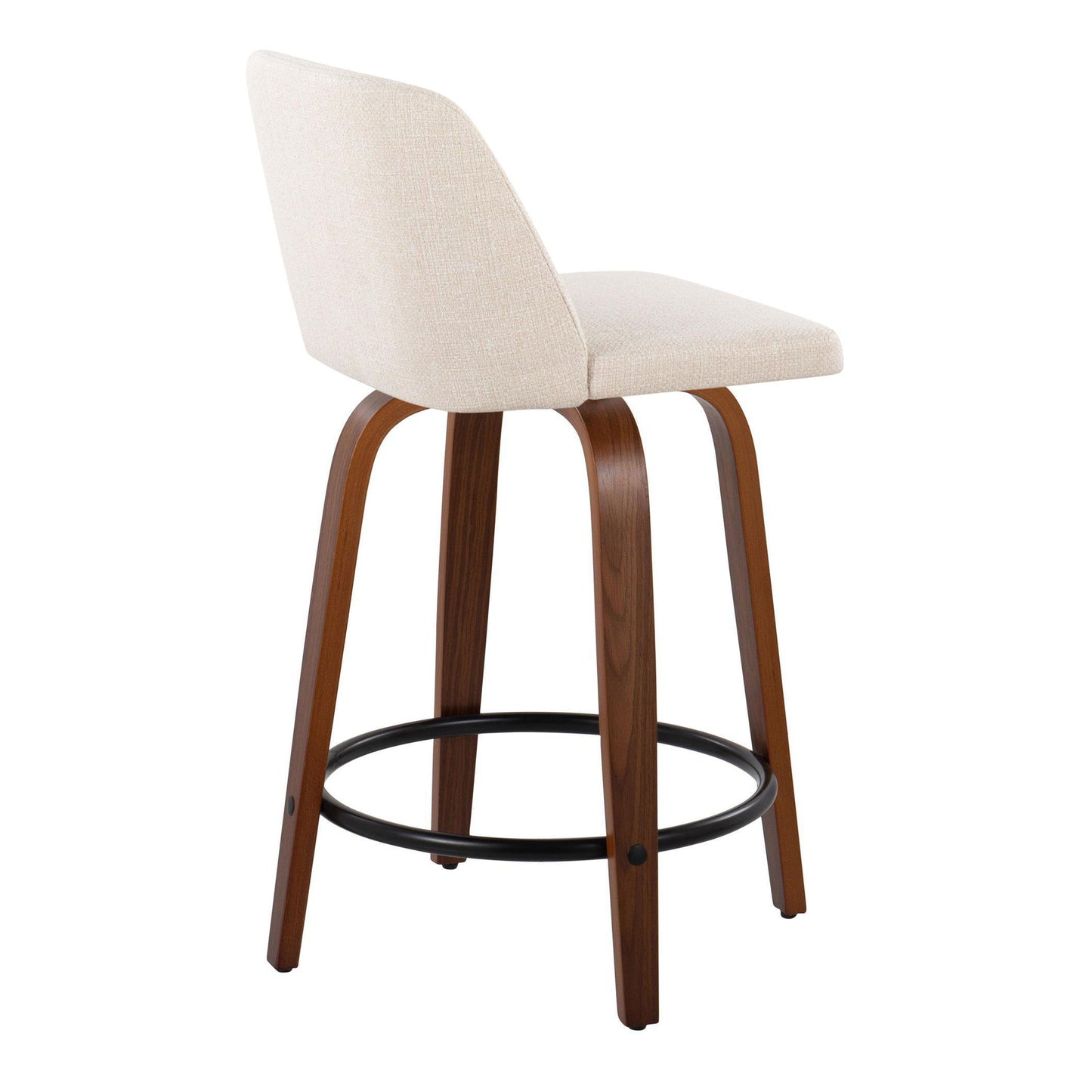 The Toriano set includes two fixed height counter stools with cream fabric seats and backrests, curved wooden legs, and a black metal footrest, captured from a side view.