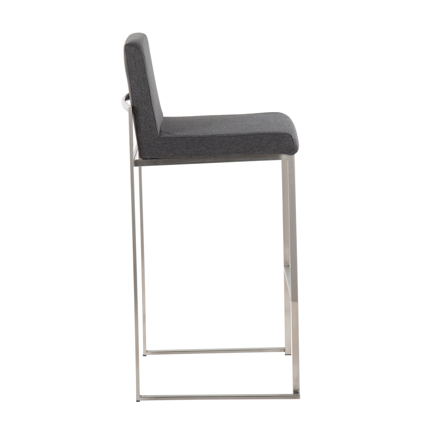 Side view of the Fuji - Contemporary And Modern Elegance High Back Barstool featuring a dark gray cushioned seat and backrest, supported by a sleek metal frame with a rectangular base.