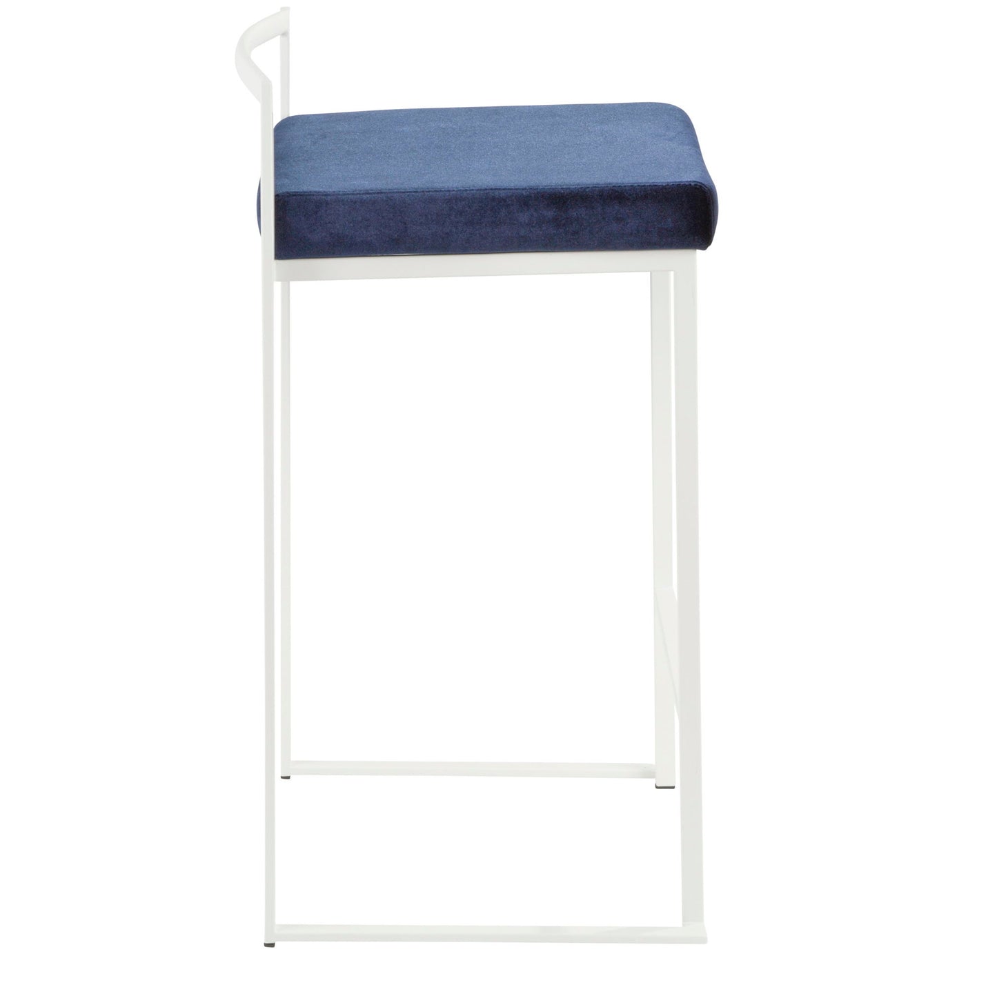 The Fuji - Simple Elegance, Contemporary Stackable Counter Stool features a minimalistic white metal frame, low backrest, and a rectangular blue cushioned seat in a sleek side profile.