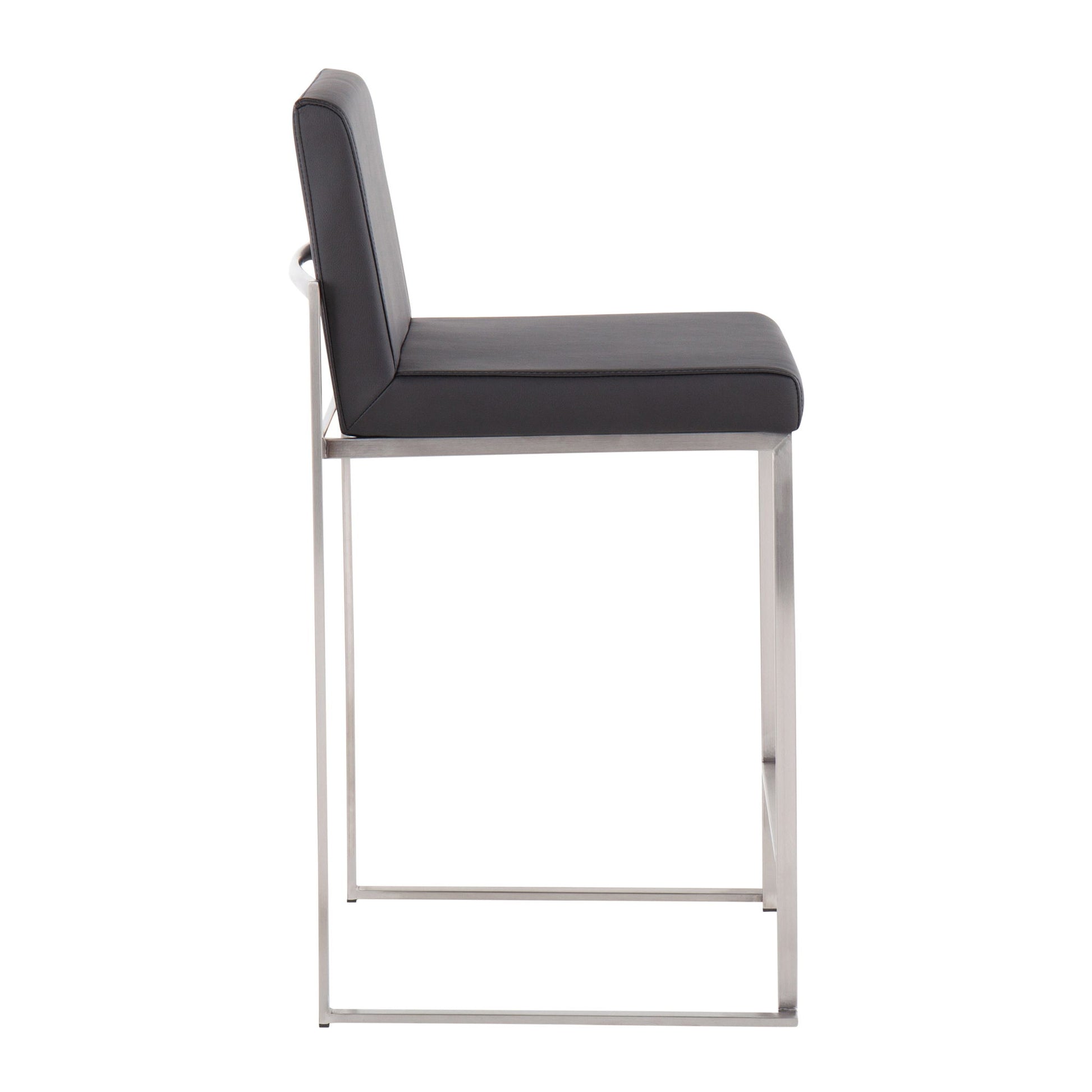 Side view of the Fuji - Contemporary High Back Counter Stool, featuring a black cushioned seat and backrest on a sleek rectangular metal frame with a minimalist, functional design.