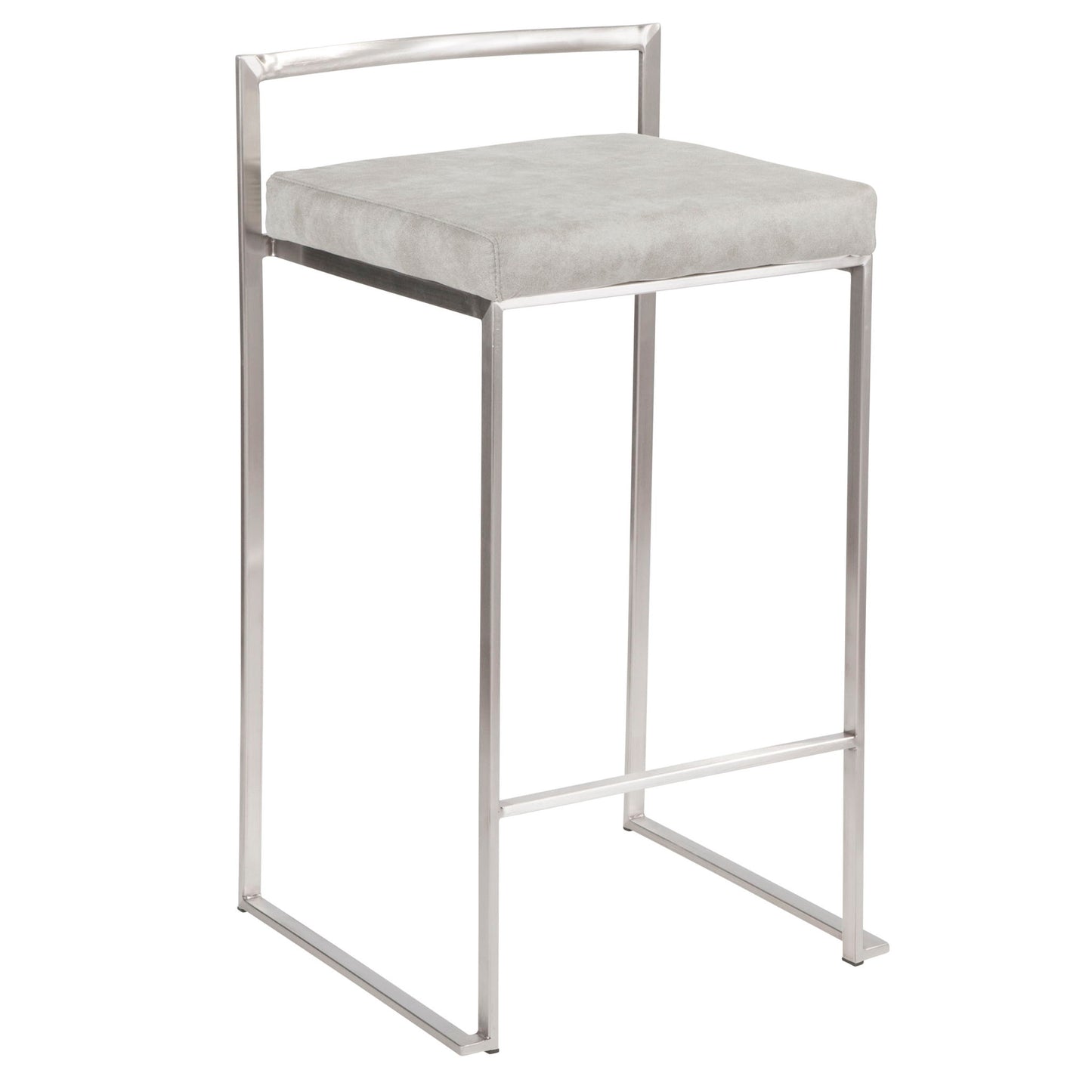 The Fuji - Contemporary Elegant Stackable Counter Stool Set features a minimalist design with a light grey cushioned seat, sleek silver metal frame, low backrest, and convenient footrest bar.