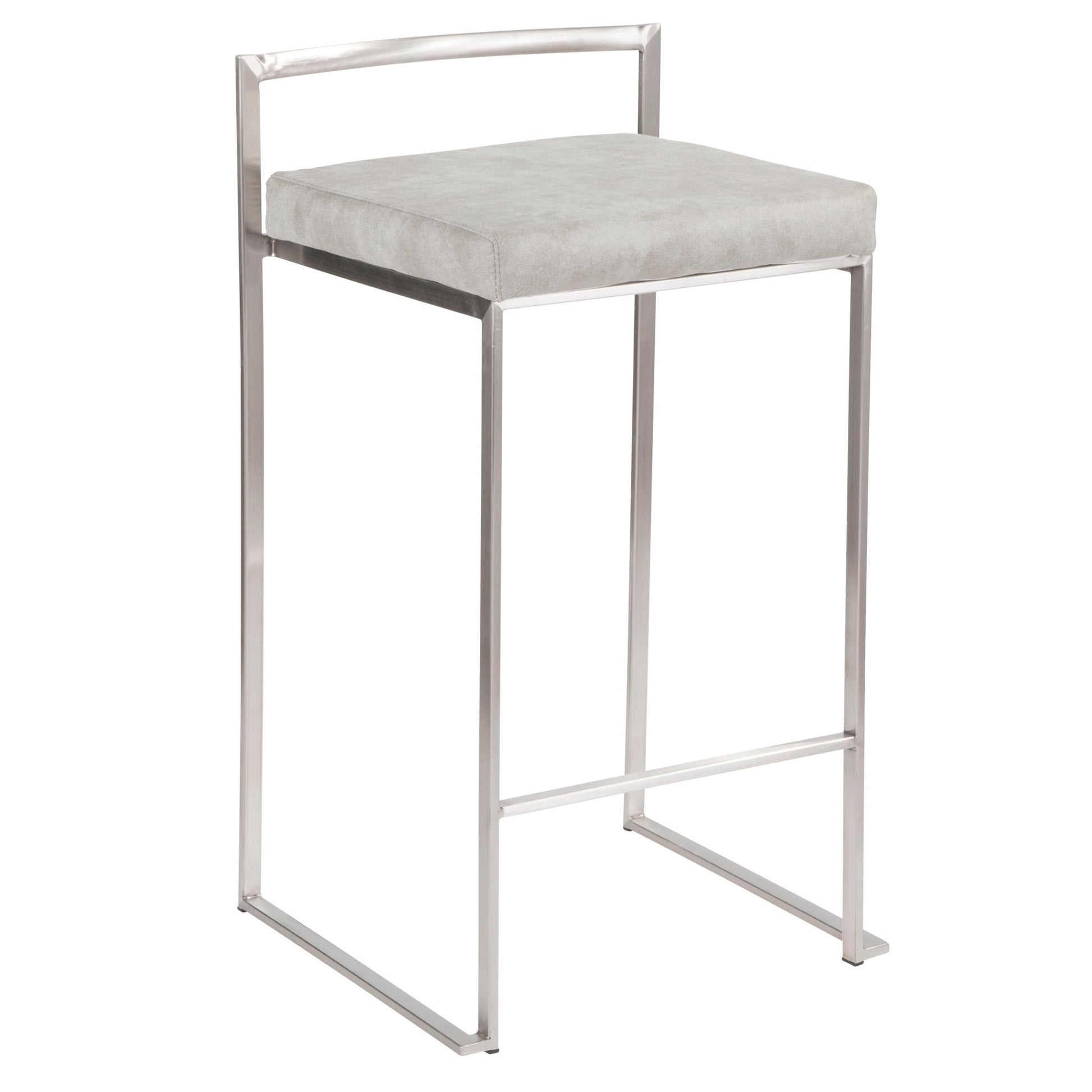 The Fuji - Contemporary Elegant Stackable Counter Stool Set features a minimalist design with a light grey cushioned seat, sleek silver metal frame, low backrest, and convenient footrest bar.