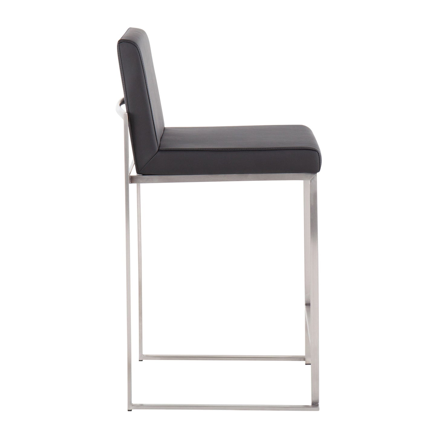 Side view of the Fuji - Contemporary High Back Counter Stool featuring a minimalist metal frame, black cushioned seat and backrest, straight lines, and a functional footrest bar for sleek, modern appeal.
