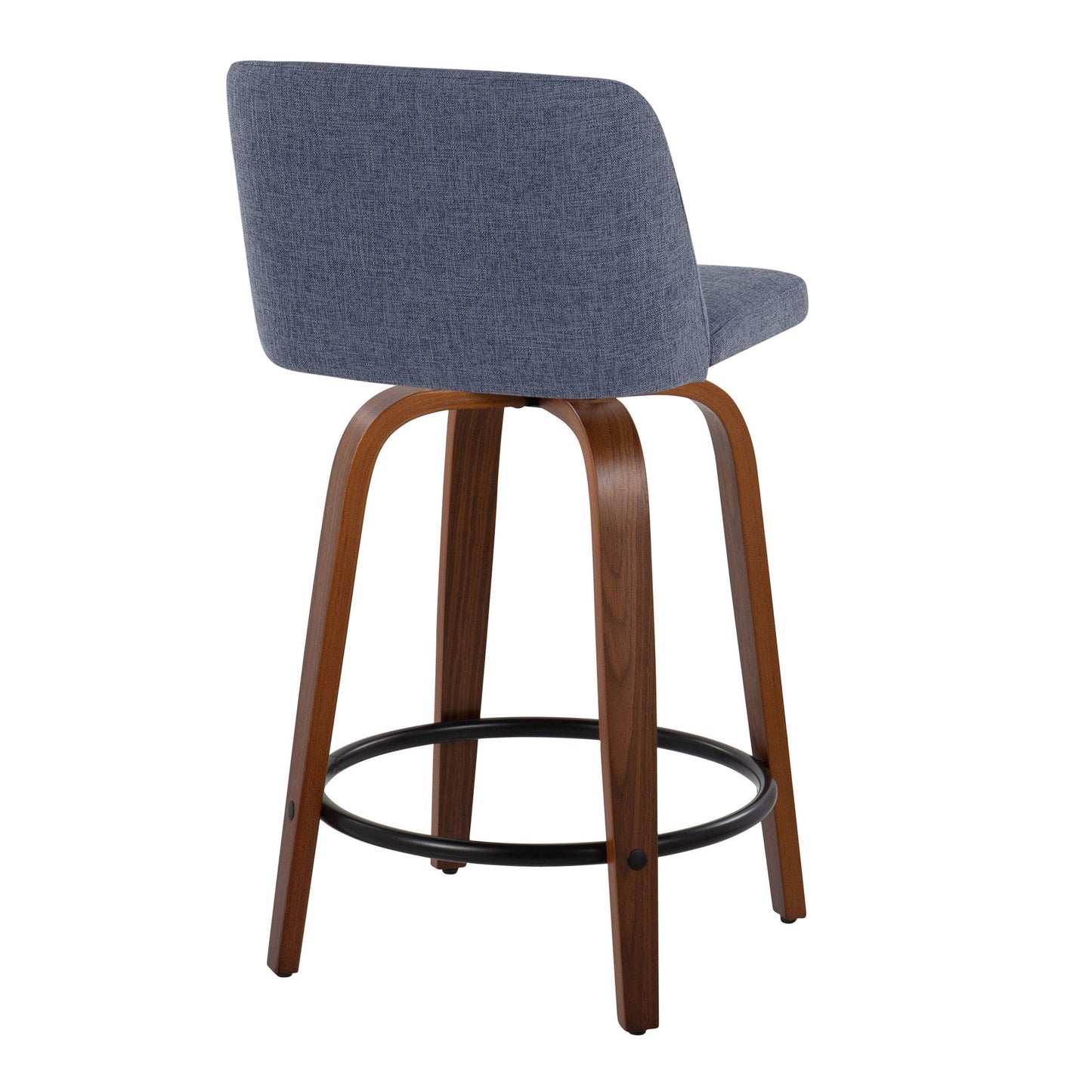 The Toriano stool, part of a fixed height set of two, showcases a curved wooden frame and blue upholstered back and seat. It includes a circular black metal footrest and is designed in a mid-century modern style, viewed from the back and slightly to the side.