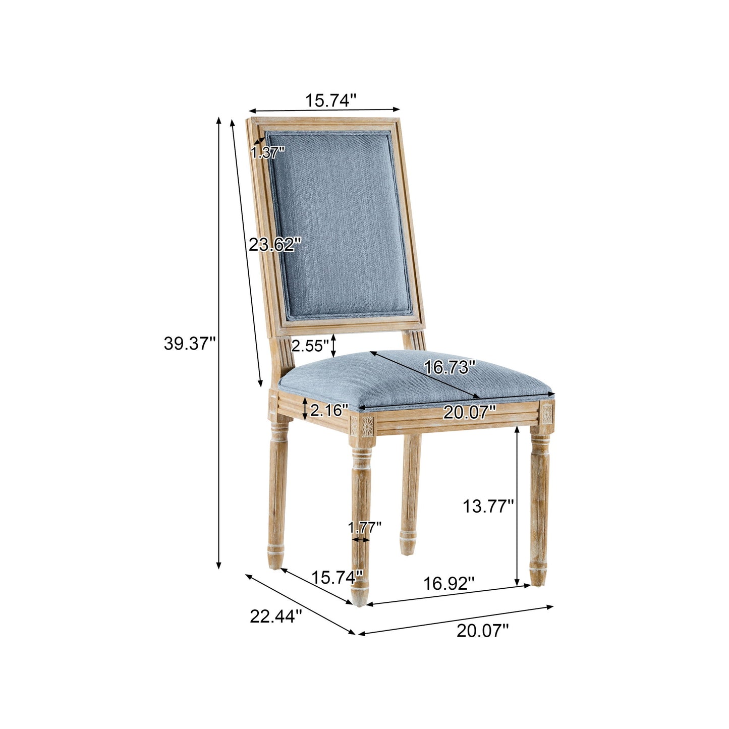 The French Country Style Dining Chair features fluted legs, a blue upholstered seat and backrest, chair height of 39.37", seat height of 19.29", seat width of 20.07", plus other labeled dimensions for a detailed fit.