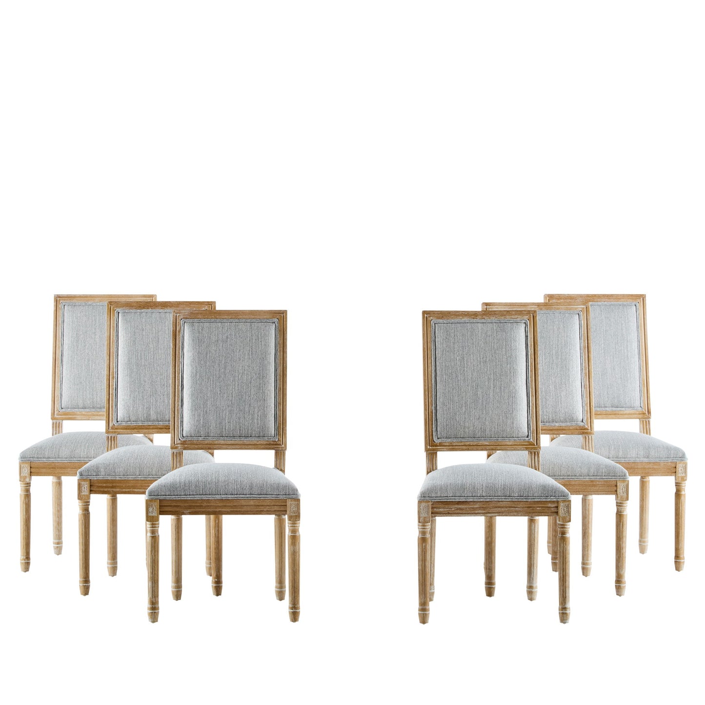Two sets of three French Country Style Dining Chairs with light gray upholstered seats and fluted legs, arranged in two rows on a white background.