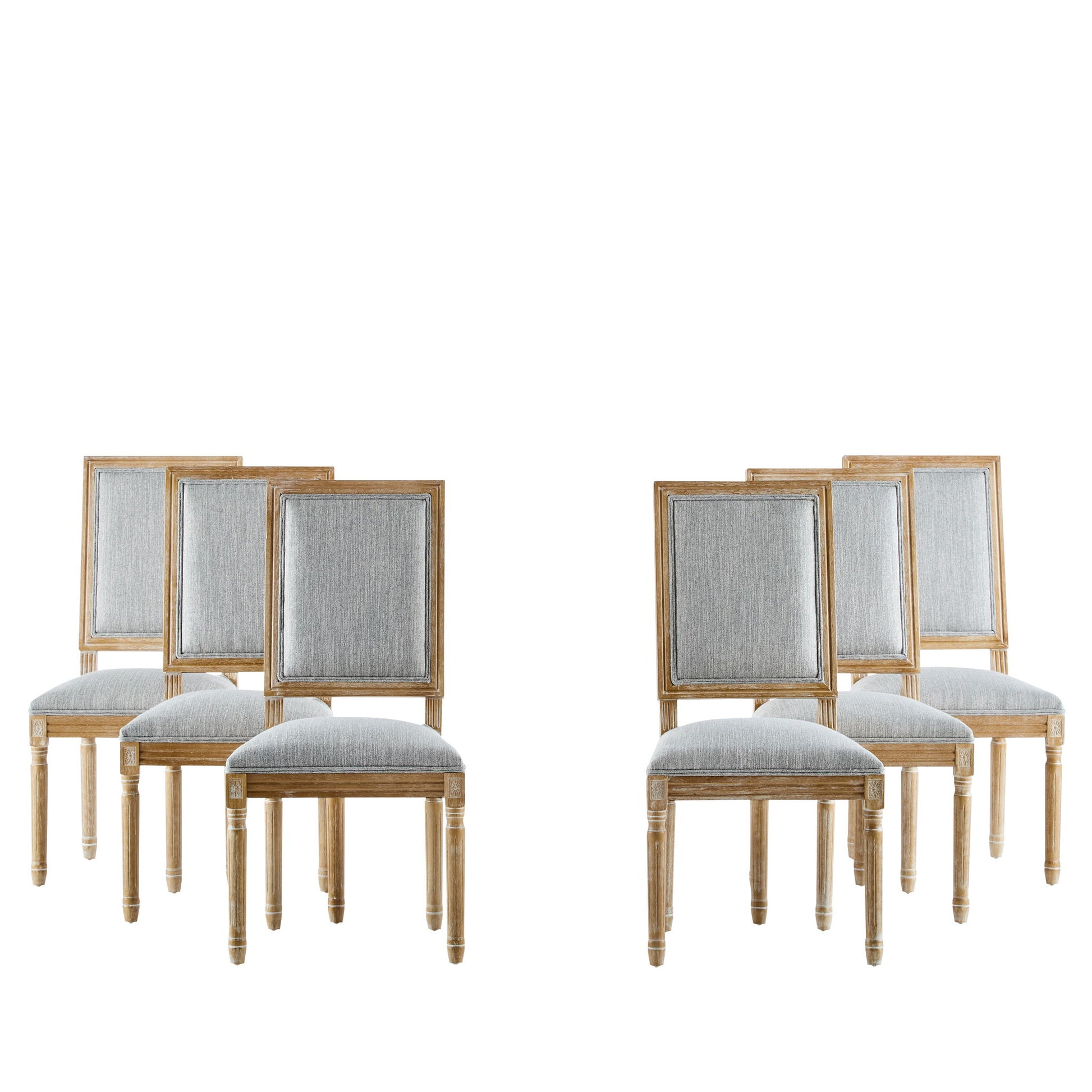 Two sets of three French Country Style Dining Chairs with light gray upholstered seats and fluted legs, arranged in two rows on a white background.