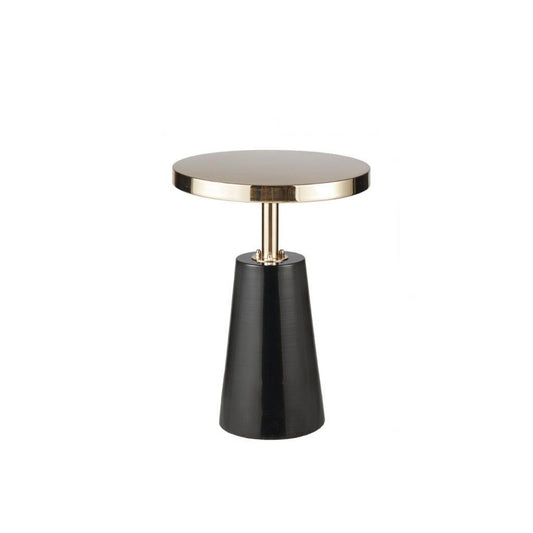 The Accent Table Elegant Design Metal Round - Black / Gold features a round gold-colored top, black tapered base, and a metallic support for a sleek, contemporary look.