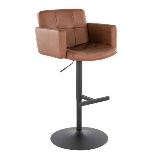 The Stout Contemporary Adjustable Barstool With Swivel features a brown cushioned seat, square backrest, armrests, and a black metal pedestal base with footrest.