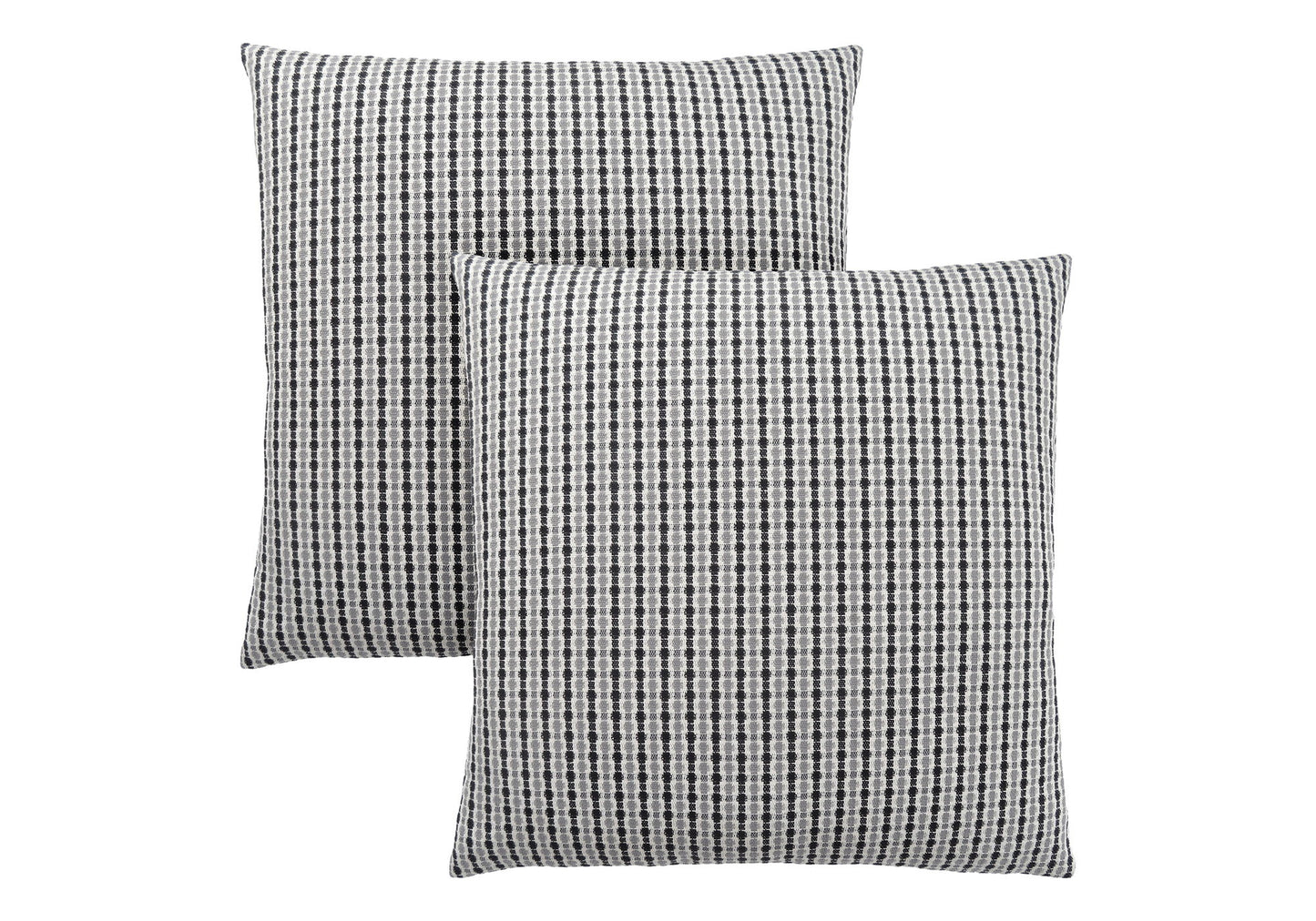 Two square decorative throw pillows with inserts, featuring a black, white, and gray checkered pattern, are placed overlapping each other on a white background. These hypoallergenic pillows add style to any space.