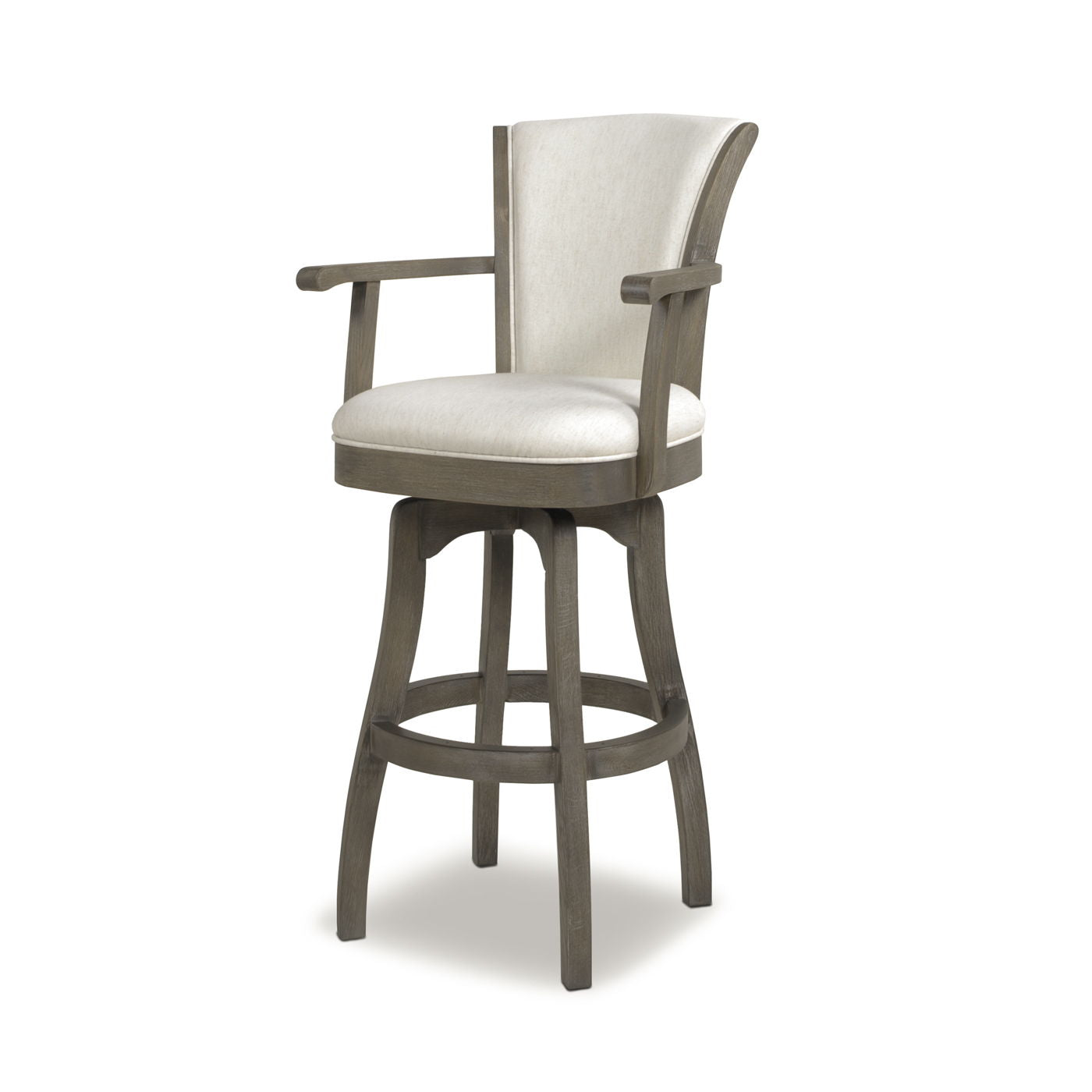 The Williams - Swivel Bar Stool With Armrests features a wooden frame, light beige upholstered seat and backrest, armrests, a swivel base, four curved legs, and a circular footrest.