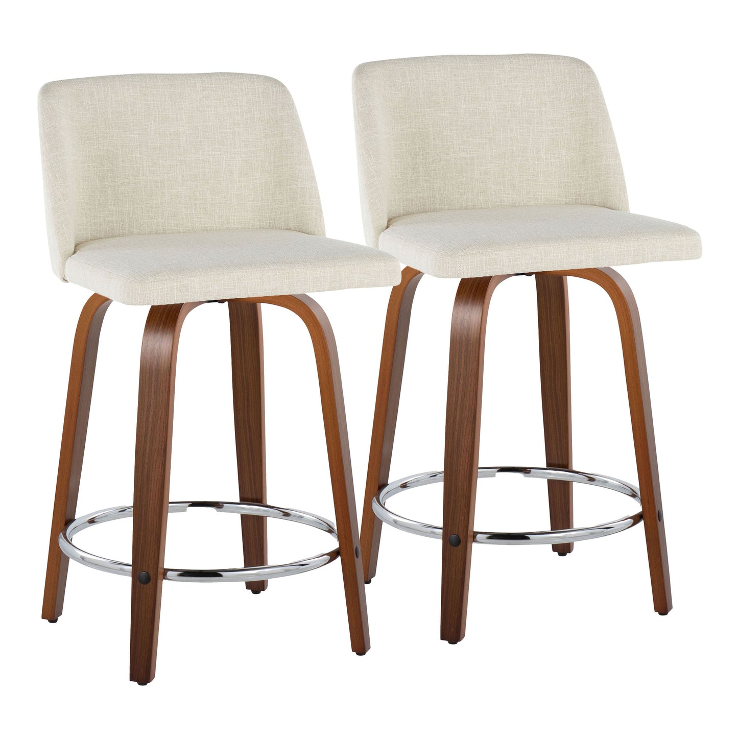 A pair of Toriano mid-century modern fixed-height counter stools with swivels, featuring light beige upholstered seats, curved wooden legs, metal footrests, and slightly angled backrests highlighted against a plain white backdrop.