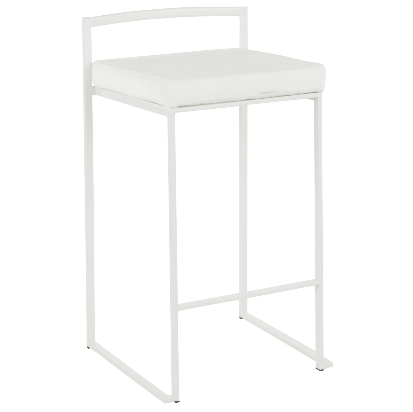 The Fuji - Simple Elegance, Contemporary Stackable Counter Stool features a modern white design with a minimalistic metal frame, square cushioned seat, straight legs, and a sleek backrest.