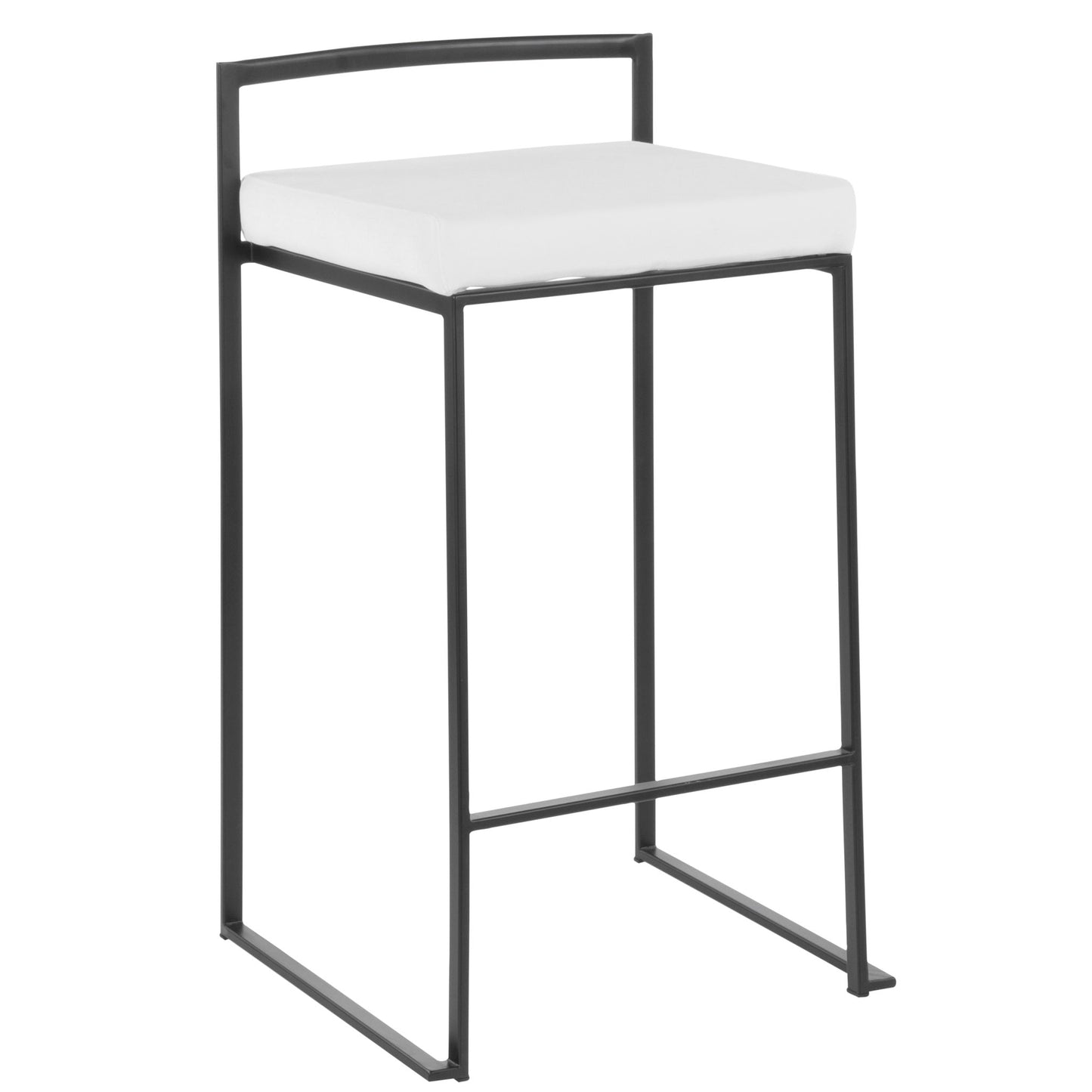 The Fuji Contemporary Stackable Counter Stool features a black metal frame, straight backrest, thick white cushion, and rectangular footrest for a sleek, minimalist look.