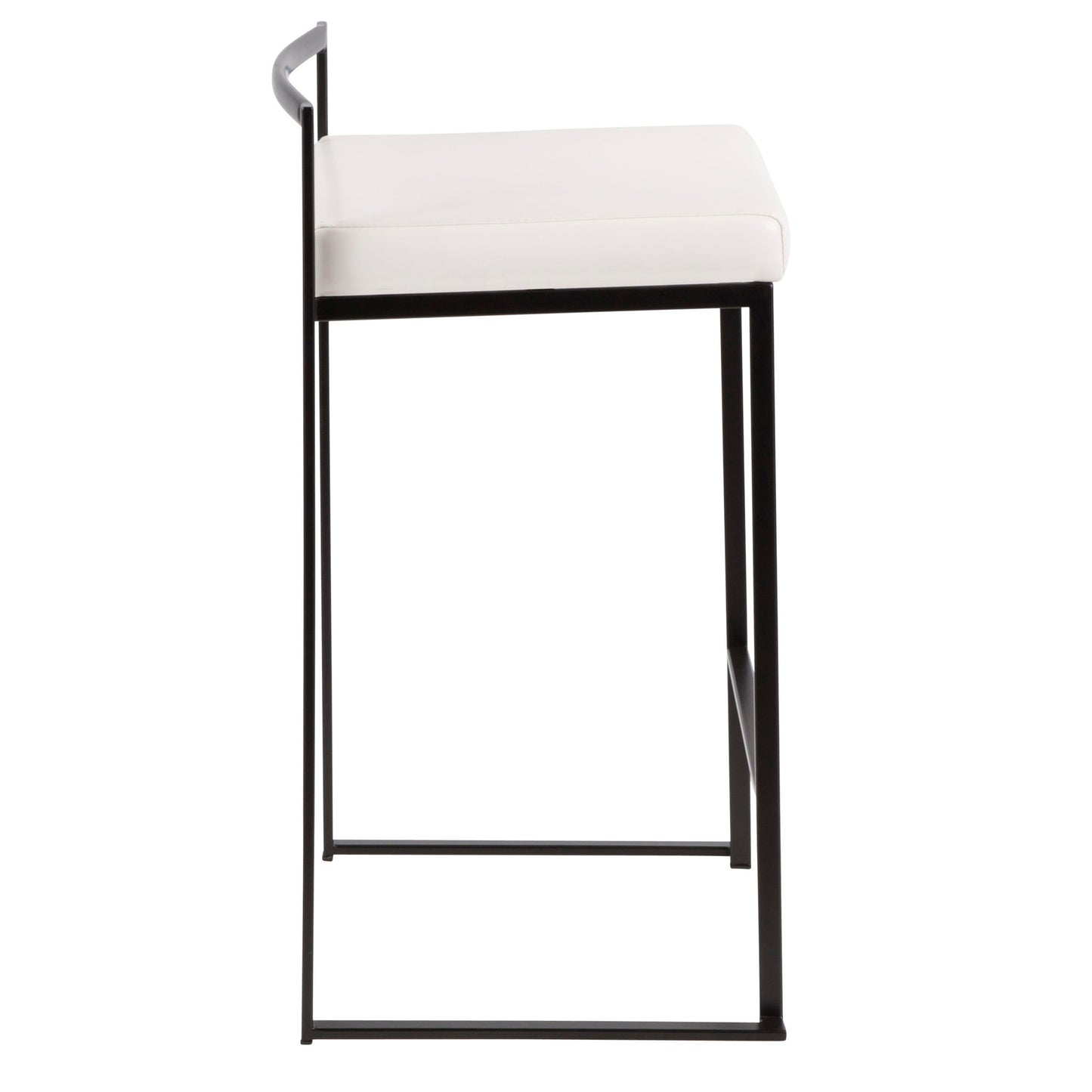 Side view of the Fuji - Contemporary Style Stackable Counter Stool featuring a white cushioned seat, minimalist black metal frame, and partial backrest.