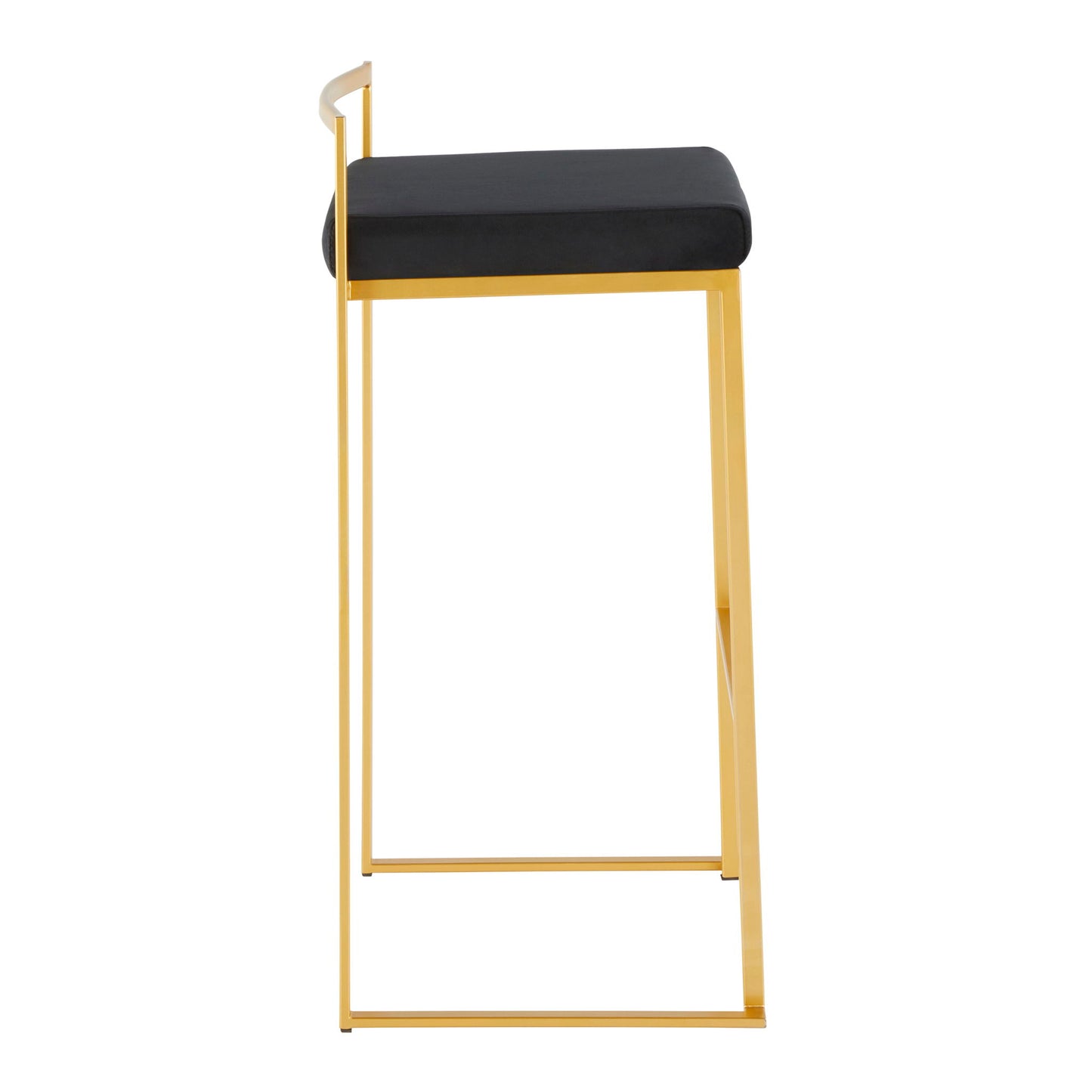 The Fuji barstool features a gold metal frame, thin rectangular backrest, and black cushioned seat in a modern glam style, shown from the side on a white background.